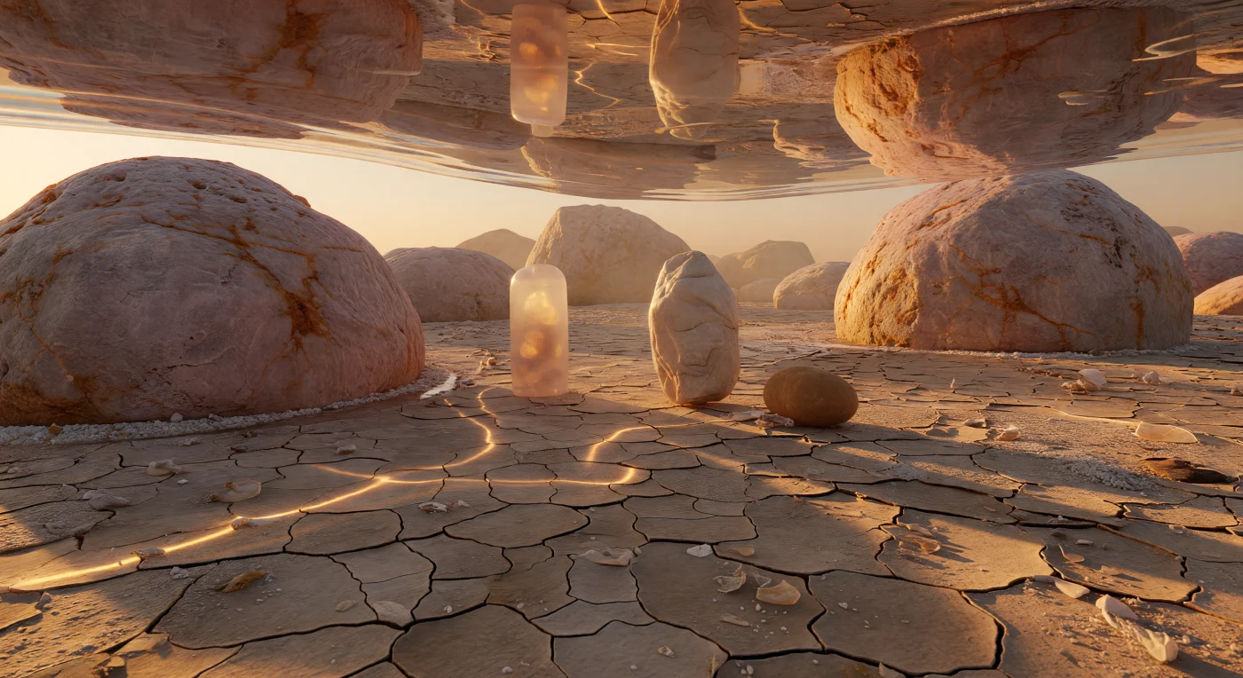 At the edge of the retreating water film, you stand among catastrophe rendered in slow motion — the air-water interface curves overhead like a collapsing vault of flexible glass, bowing downward under its own surface tension while caustic gold lines drift across the mineral plain below where the meniscus has already pulled free and left its salt tide-marks behind. The quartz grains rise around you as rose-gray monoliths streaked with iron oxide, their surfaces pitted and warm in raking amber light that carves hard shadows into ravines between them, a terrain of pure mineral indifference. Three bdelloid rotifers occupy the middle distance in successive stages of anhydrobiotic tun formation: the first still a translucent cylinder with its germovitellarium glowing amber through the body wall, the second already folded into a matte, wrinkled opacity as its syncytium contracts and its body shortens, the third now a compact ellipsoid nested between grains — indistinguishable from mineral detritus, its metabolic machinery idled to near-zero, patient as stone. At this scale, where Reynolds numbers drop toward unity and surface tension governs everything inertia once ruled, desiccation is not death but a controlled retraction of the self into an architecture that can wait out geological time, encased in trehalose and protein glass, while the mirror above continues its slow, absolute descent.