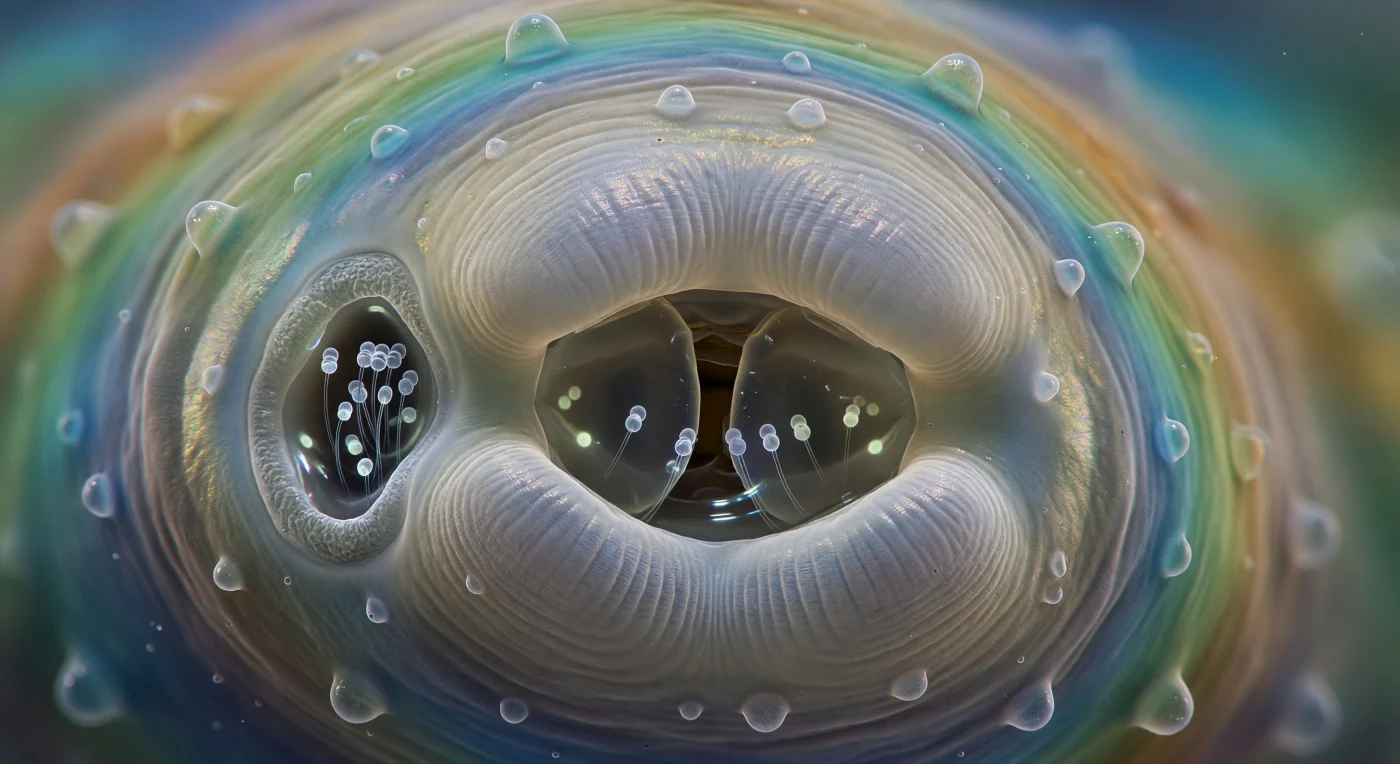 You hover centimeters from the anterior face of a nematode — a creature the size of a grain of sand — close enough that its three blunt, translucent lips fill your entire visual field like the mouth of a sea cave carved from iridescent alabaster, their corrugated annular ridges scattering light into pale gold and mother-of-pearl sheens across the pressurized cuticle. Dome-shaped papillae stud the lip margins like frozen water droplets, their mechanosensory endings implied by the taut stretch of cuticle over each convexity, while at the center a triradiate oral slit pulses rhythmically — the external face of a pharynx that grinds at roughly 250 strokes per minute, a muscular pump operating at a frequency closer to a heartbeat than a jaw. On the lateral flank, recessed into a shallow epidermal groove, the amphid pore opens as a crescent-shaped cleft barely a few microns wide, its glassy interior lined by sheath cells that cup a meniscus of secreted fluid like water held in polished obsidian, and within that channel twelve ciliated dendritic endings stand in a tight parallel fascicle, each filament tipped with elaborately folded receptor membranes that absorb accumulated fluorescent dye as a pale lime-white ghost-light — direct evidence of chemical signal being transduced into neural activity. The aqueous film coating the entire anterior surface is itself a map of the invisible: a saturated cyan pools near an attractant source just off-frame, bleeding slowly through teal and sage into warm amber-bronze at the periphery, a chromatic ombré of dissolved molecular gradients that, at this scale, is no longer metaphor but a physically navigable landscape of information the animal reads with its body.