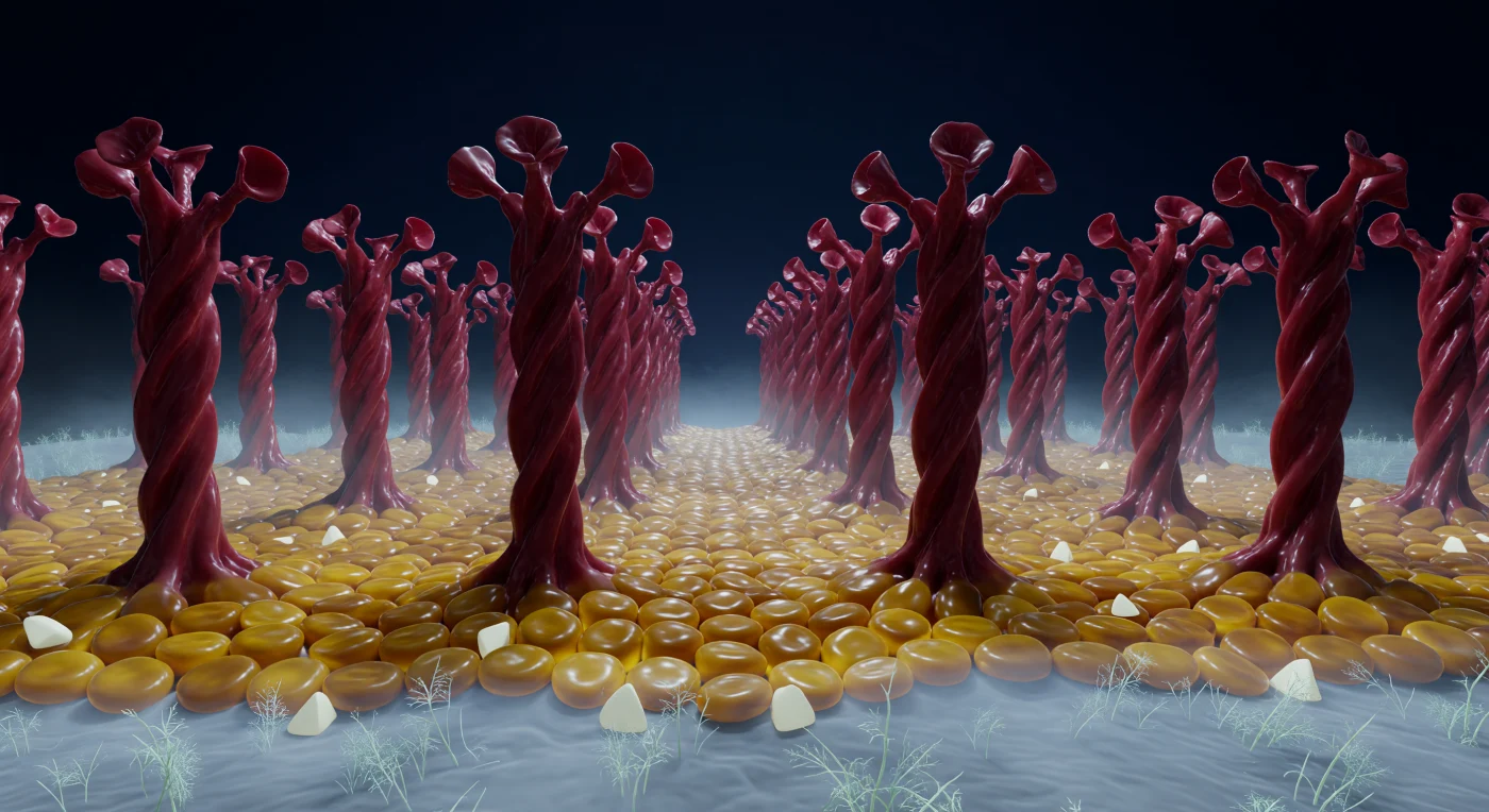 You are standing on the outer skin of one of the most consequential structures in modern biological history, and the ground beneath you is alive with motion. The surface rolls in slow thermal undulations — a fluid mosaic of tightly packed phospholipid head-groups glinting like amber river stones under diffuse bioluminescent light, stiffened in patches by pale cholesterol wedges, and crowned everywhere with a ghostly blue-white electrostatic haze rising from clustered phosphate charges. From this undulating plain, spike protein trimers erupt in every direction: massive oxblood columns twenty nanometers tall, each a triple-wound helix of extraordinary mechanical complexity, their transmembrane roots visibly distorting the lipid terrain, their upper receptor-binding domains splayed open like turbine blades reaching into void — the open conformation of a protein primed for cellular contact. The gaps between trimers feel like avenues through a forest of dark-red monoliths, the columns receding toward a curved horizon that betrays the spherical geometry of the entire virion, while far below, the host cell membrane stretches as a vast grey-blue glycan-frosted plain across the lower field of view. Nothing here is still: at this scale, thermal noise is a constant violent fact, every surface a potential binding event, and the entire architecture exists in a state of molecular urgency that the eye reads as beauty but the biology knows as predatory readiness.