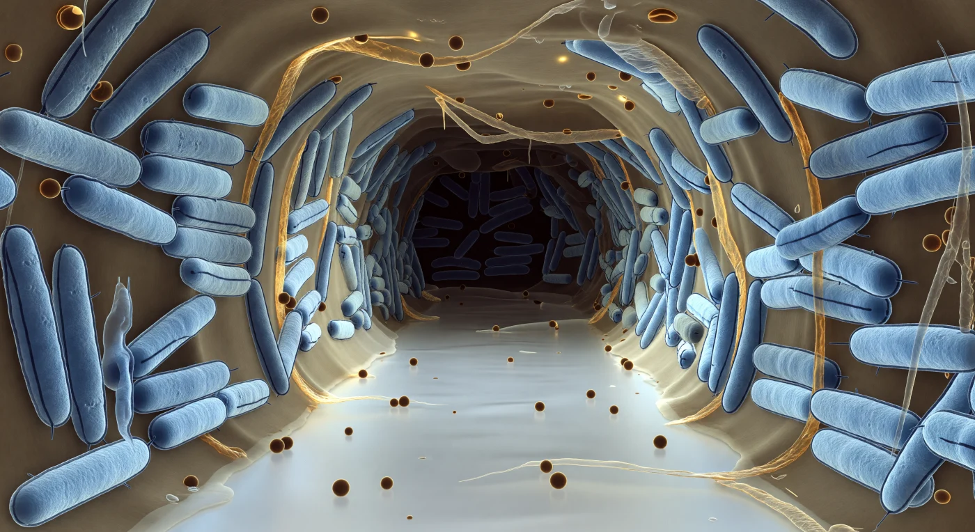 You are suspended at the mouth of a corridor carved through living architecture — a pale, luminous void cutting between walls of densely packed bacterial bodies, each one an ice-blue cylinder roughly the scale of a building to you, their double outer membranes tracing two razor-thin dark lines along every surface, a structural motif repeated hundreds of times into the deepening blue-grey haze where the channel bends toward shadow. The translucent amber-tan exopolysaccharide matrix fills every gap between organisms, binding them into a coherent collective structure — part scaffold, part communication medium — its surface faintly iridescent where hydration layers create thin-film interference, massing into ropy bundles between neighboring cells before thinning to a gossamer film at the channel edge. Scattered across the fluid column and resting against the matrix overhang are outer membrane vesicles, perfectly spherical and amber-glowing, each a sealed lipid bubble carrying signaling molecules and enzymes between organisms that cannot otherwise touch — a form of molecular postal service operating continuously within this chemically active corridor. The light fades with biological purpose: the pale silver-white of your position grades through charcoal toward the channel's vanishing point, tracing the real oxygen and nutrient gradients that govern which cells in this community survive, sporulate, or starve, the entire biofilm less a colony than a differentiated tissue assembled without a blueprint, sustained by nothing but chemistry and proximity.