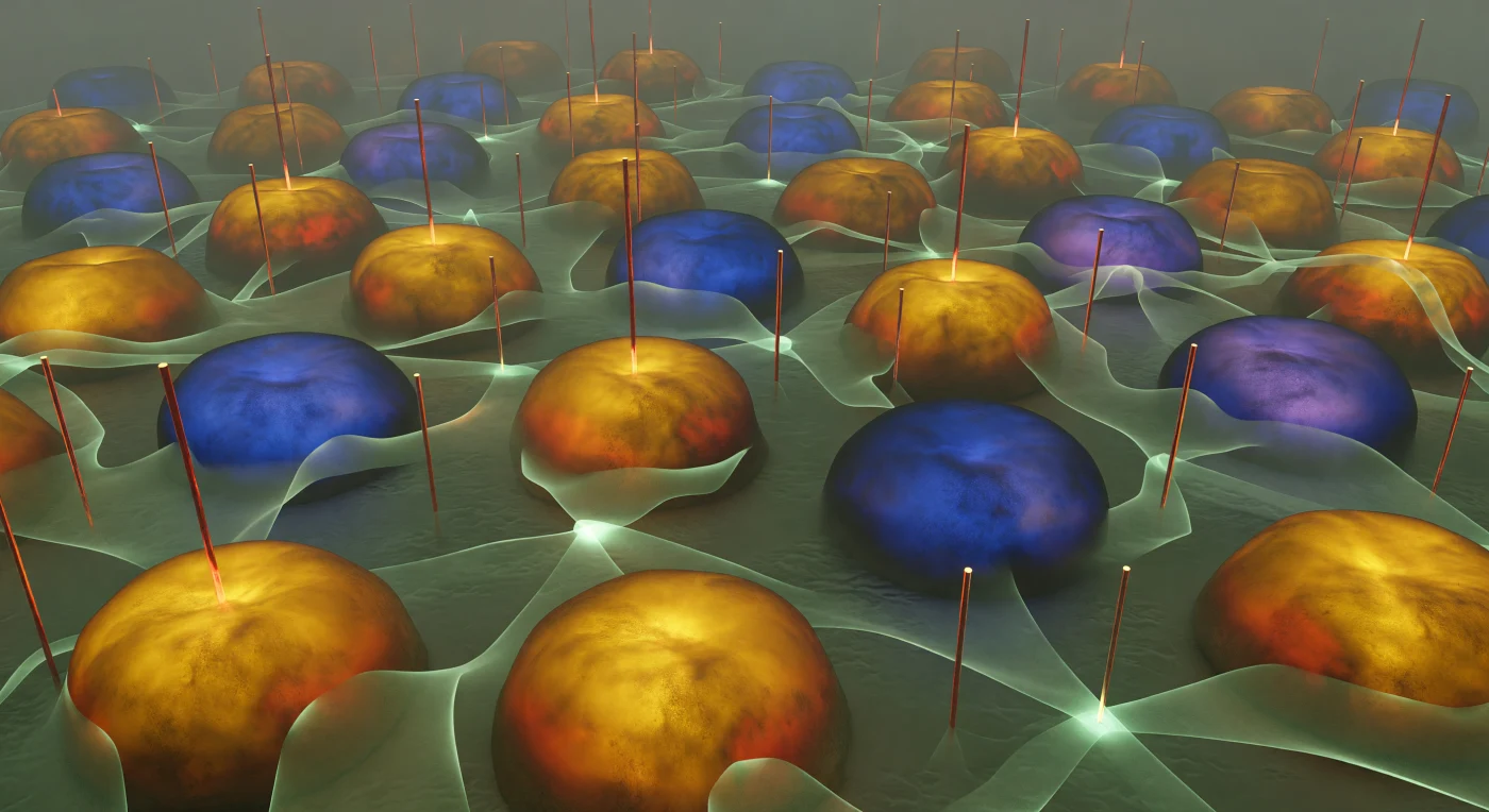 Immersi all'interno di un volume di vuoto quantocromodynamico di appena tre femtometri per lato, l'osservatore contempla ciò che la fisica chiama "vuoto" ma che si rivela come una scogliera densa, pulsante e strutturata fino all'ultimo angolo disponibile: masse ambrate di instantoni e controparti blu-violette di anti-instantoni — ciascuna larga circa 0,3 fm — galleggiano in alternanza organica senza mai toccarsi, come se obbedissero a una grammatica topologica invisibile. Membrane celadone di vortici di centro si piegano e si intersecano tra di loro, i loro bordi accesi di luce pallida mentre i loro interni restano traslucidi e iridescenti, e dove si incrociano esplodono in nodi di giada brillante. Filamenti rosso-oro di linee di Polyakov salgono verticali attraverso la scena come aghi di rame fuso, riflettendo la loro luce calda sulle masse ambrate più vicine e conferendo ordine verticale a ciò che altrimenti sembrerebbe un oceano privo di orientamento. L'intera struttura respira in una fluttuazione coordinata contro uno sfondo di foschia grigio-verde — il condensato di gluoni — che non è buio ma una luminescenza bassa e indefinita estesa in ogni direzione, ricordando che il vuoto della QCD non è assenza di materia bensì il suo stato fondamentale più ricco e turbolento.