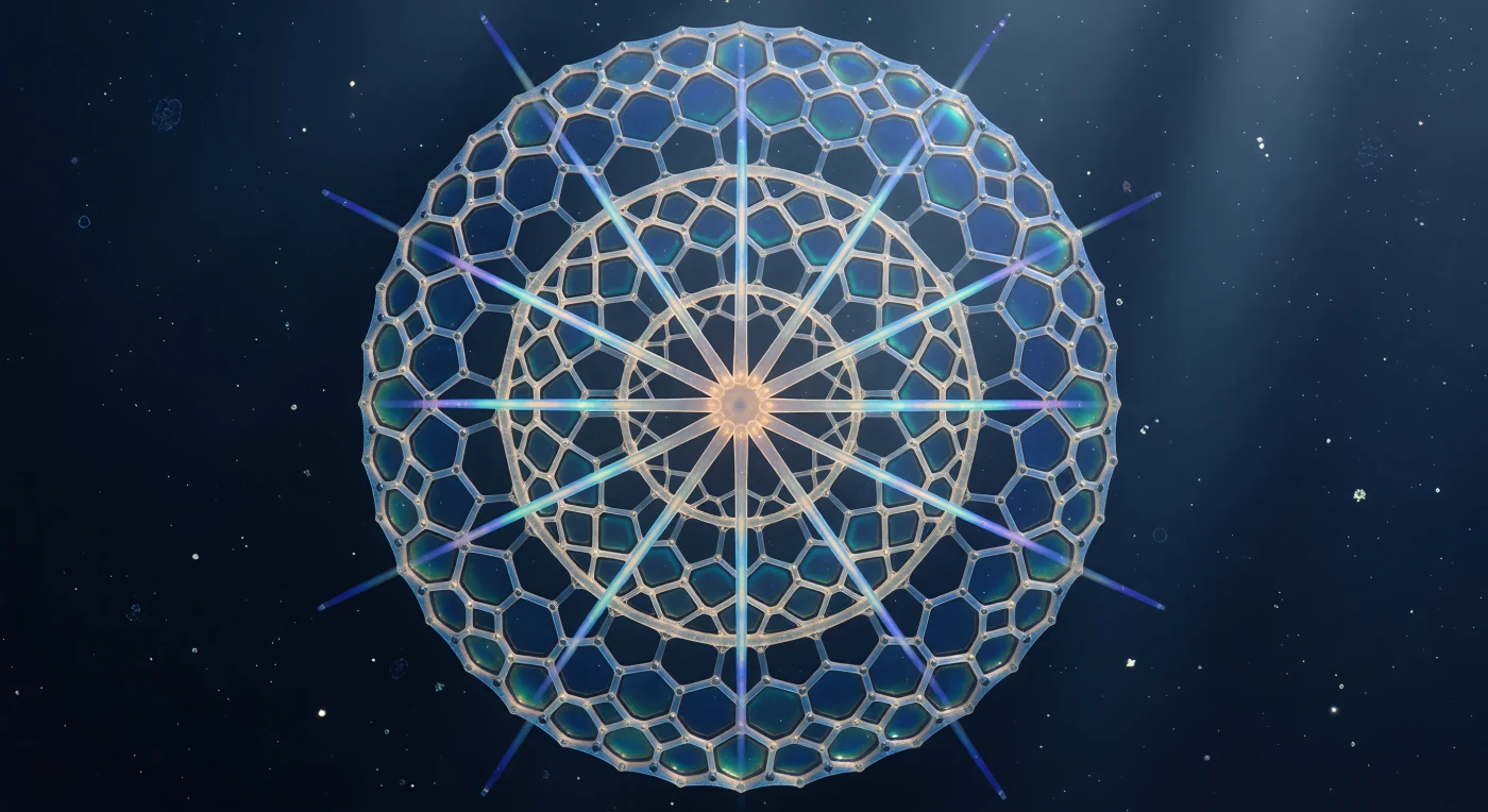 Sospesi al cuore geometrico di *Actinomma asteracanthion*, lo sguardo si apre verso l'esterno attraverso tre sfere concentriche di silice opale, ciascuna traforata da pori esagonali larghi pochi micrometri che agiscono come lenti in miniatura, rifrangendo la luce blu-verde dell'oceano profondo in aloni prismatici — violetto pallido ai margini, acquamarina al centro — fino a trasformare l'intera struttura in una cattedrale di vetro smerigliato e luce viva. Dodici spine triradiate si irradiano dalla sfera più interna, attraversano le due lattice successive e si perdono nell'indaco del mare aperto come aghi di cristallo che trasmettono per tutta la loro lunghezza un barlume di luminescenza, simili a fibre ottiche forgiate dalla biomineralizzazione. Alle spalle, o meglio tutt'attorno al punto da cui si guarda, il nucleo irradia un calore ambrato — l'endoplasma denso e granulare che pulsa dolcemente, addolcendo con la sua luce mielata la freddezza blu della geometria minerale che lo circonda. Il test di silice, depositato dall'organismo stesso attraverso vescicole intracellulari in ore di lenta accrezione minerale, è al tempo stesso scheletro, filtro ottico e trappola per la luce: ogni poro inquadra una porzione diversa dell'abisso esterno, moltiplicando la prospettiva come l'occhio composto di un impossibile organismo minerale. Al di là dell'ultima sfera, l'oceano si risolve in un blu volumetrico attraversato da fotoni diffusi e da una foschia di particolato — batteri, frustuli di diatomee, organici disciolti — che galleggia nella quiete viscosa di un mondo dove la gravità conta meno del moto browniano e il tempo scorre alla velocità della mineralizzazione.