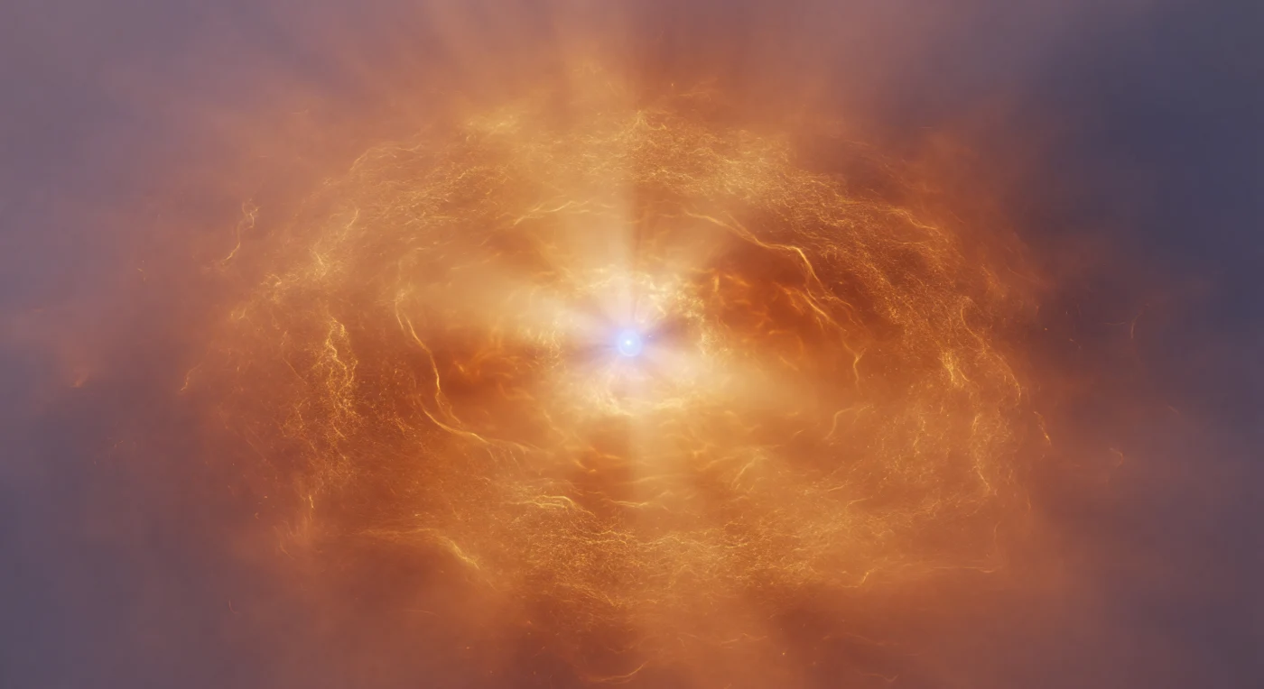L’osservatore sembra galleggiare in una nube ambrata senza confini, densa e calda come vetro fuso, che si ispessisce verso il centro e si attenua ai margini in toni di rame, sienna bruciata e viola freddo fino al buio quasi assoluto. In profondità, la densità di probabilità si concentra attorno a un nucleo blu-bianco abbagliante, non un oggetto solido ma il punto di massima intensità del campo elettromagnetico del protone, attorno al quale la luce si satura in bianco e poi rientra in gradazioni d’arancio e ocra. La foschia è attraversata da sottilissime increspature di rumore quantistico, come interferenze in un materiale incandescente, che suggeriscono fluttuazioni del vuoto e la natura ondulatoria dell’elettrone. Non esistono superfici o orizzonti: solo un paesaggio di energia, densità e transizioni continue, in cui la distanza si percepisce come variazione di luminosità e il vuoto esterno appare improvvisamente immenso e gelido.