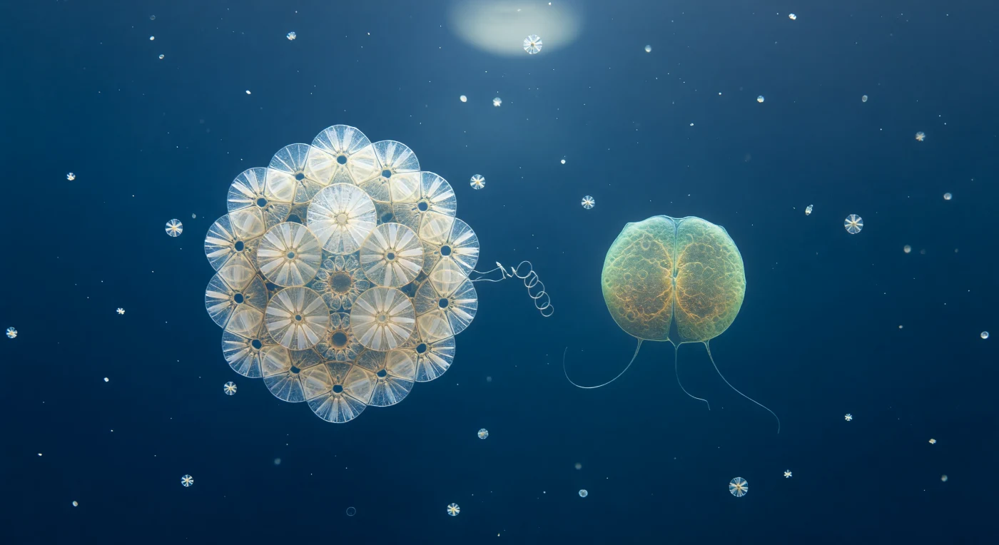 Sospesi nella colonna d'acqua come osservatori neutri, ci troviamo a pochi micron di distanza da due cellule che rappresentano la stessa specie in stadi di vita radicalmente opposti: a sinistra, la cellula diploide si presenta come una piccola architettura minerale, la sua coccosfera di placche calcitee sovrapposte con geometria trigonale che intercetta e rifrange la luce diffusa dell'oceano in bagliori freddi di bianco e oro pallido, ogni coccolite un disco di lame cristalline assemblate con una precisione che sfida la scala biologica. A pochi corpi cellulari di distanza, la cellula aploide è nuda e quasi vulnerabile a confronto: la sua membrana traslucida di crema verdastra lascia intravedere il calore ambrato dei cloroplasti sottostanti, i cui pigmenti trasformano anche questi fotoni filtrati e diffusi in una debole autofluorescenza giada, mentre i due flagelli — fili biologici di appena qualche decina di nanometri di spessore — sono catturati nell'istante preciso del loro arco sinusoidale, come filamenti di vetro bagnato che catturano la luce ambientale. Intorno a entrambe le cellule, invisibili ma fisicamente reali, esistono aloni di gradiente chimico dove la CO₂ disciolto è localmente impoverita dalla fotosintesi attiva — il mezzo acquoso stesso è leggermente diverso al contatto con le membrane. Sullo sfondo ceruleo dell'abisso superficiale, coccolithe libere derivano come scintille bianche a distanze variabili, i più vicini ancora leggibili nella loro geometria, i più lontani ridotti a punti luminosi, creando una prospettiva di profondità che suggerisce una vastità paradossale in uno spazio misurabile in frazioni di millimetro.