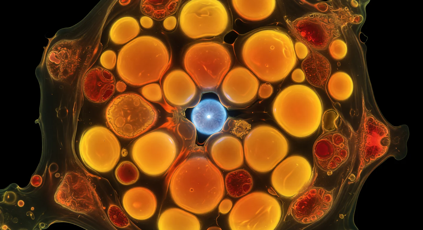 Ci si trova all'interno di una singola cellula di *Emiliania huxleyi* privata dell'azoto, immersi in un citoplasma denso e gelatinoso dove enormi gocciole lipidiche si affollano come pianeti d'ambra, ognuna che brucia dall'interno con una fluorescenza arancio-oro accecante grazie al Nile Red intercalato nelle molecole di lipidi neutri. Queste sfere perfettamente tese si deformano leggermente nei punti di contatto, proiettando aloni sovrapposti di zafferano e ambra profonda attraverso i viscosi canali di citoplasma che le separano, in un interno claustrofobico dove ogni fotone nasce, rimbalza e viene riemesso senza mai trovare uscita. Ai margini di questo paesaggio infuocato, i cloroplasti — spinti verso la periferia dalla massa lipidica in avanzamento — emettono una debole autofluorescenza cremisi, come braci che si spengono al bordo di un incendio, le loro membrane corrugate rivelando ancora, a fatica, le laminazioni dei tilacoidi dove la macchina fotosintetica gira al minimo, denutrita e reindirizzata verso l'accumulo di riserve. Più in profondità, attraverso un corridoio appena aperto tra le gocciole incandescenti, il nucleo si intravede a malapena — una sfera di blu elettrico lunare, colorata dal DAPI legato al DNA compattato — mentre all'esterno della membrana plasmatica regna il buio assoluto, un vuoto infinito che rende l'interno della cellula un mondo interamente autoilluminato, chiuso su se stesso come una lanterna sigillata nel cosmo.