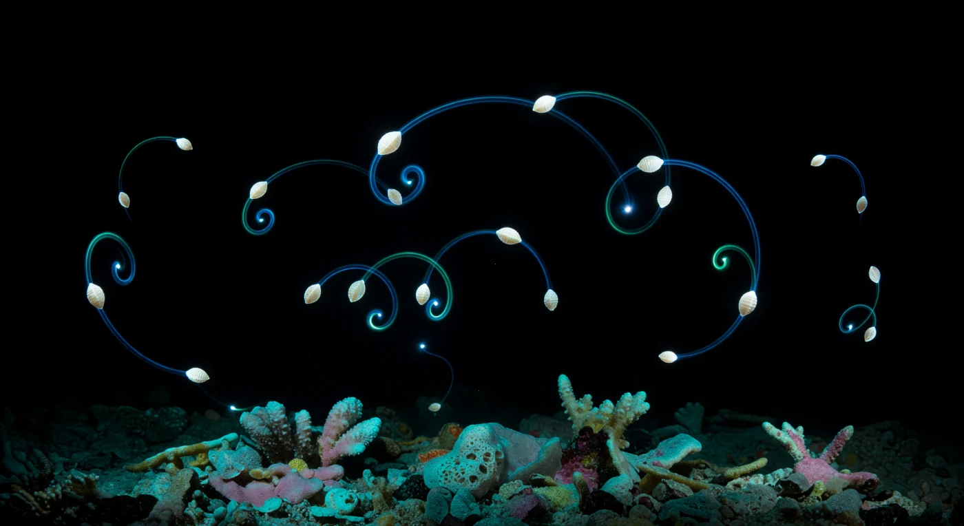 Sospesi nell'oscurità assoluta di un mare tropicale notturno, si è circondati da una costellazione vivente di fuoco freddo: i maschi di *Vargula hilgendorfii*, ostracodi lunghi appena un millimetro, espellono dai loro gland rostrali getti accoppiati di fluido luciferina-luciferasi che si dispiegano in spirali elicoidali di blu-verde elettrico — intenso bianco-acqua alla fonte, poi turchese, poi ceruleo profondo, poi indaco, poi nulla, dissolti nel nero. Ogni guscio bivalve calcareo, finemente costolato e punteggiato di micropori, irradia dall'interno una debole luminescenza madreperlacea, come un seme di luce lattea alla deriva nella colonna d'acqua, mentre i trail luminosi che si incrociano generano nodi fugaci di luce bianco-azzurra prima di spegnersi. Sotto, il piano di detriti corallini — frammenti di alghe coralline, rami morti di *Acropora*, ghiaia carbonatica — emerge a malapena in un alone di turchese freddo proiettato verso l'alto dai trail più vicini, superfici di carbonato di calcio poroso rese visibili solo dove la bioluminescenza le raggiunge. L'intera scena è la grammatica chimica del corteggiamento scritta nell'acqua buia: ogni arco luminoso è un messaggio specifico di specie, trasmesso in fotoni freddi nell'unico mezzo disponibile, un vocabolario geometrico di luce che l'oceano riceve e cancella in silenzio.