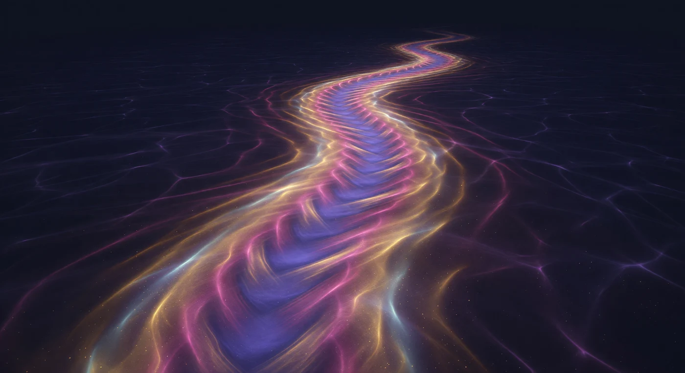 Davanti a voi si dispiega un nastro di radianza intrecciata che taglia il vuoto come un fiume di luce congelata: la sua spina dorsale brucia di un viola-blu freddo e coerente, avvolto da bande di ambra dorata e magenta profondo che si fondono in un alone cilindrico sempre tremante, mai del tutto risolto. Ciò che osservate è la Zitterbewegung — il tremore quantistico previsto dall'equazione di Dirac — una sovrapposizione oscillante tra le componenti spinoriali di energia positiva e negativa che interferiscono a frequenze dell'ordine di 10²¹ Hz, ben oltre qualsiasi soglia percettiva, cosicché il moto elicoidale stesso diviene il solo segnale visibile di una realtà più rapida e profonda. L'ampiezza del tremore, dell'ordine della lunghezza d'onda Compton (≈ 2,43 × 10⁻¹² m), disegna attorno alla traiettoria classica una penombra di incertezza — non caos, ma la firma luminosa di una struttura interna che nessuna risoluzione potrebbe mai fissare. Il mezzo circostante non è vuoto: a pochi spessori di nastro di distanza, la schiuma del vuoto quantistico popola l'oscurità di moti effimeri che appaiono e si dissolvono su scale di 10⁻²¹ s, lasciando nell'indaco freddo un calore atmosferico tenue, come brace che non si spegne mai del tutto. L'intera struttura ha il peso visivo di qualcosa di genuinamente fisico — una colonna di interferenza radiantesi che occupa volume reale, il suo intreccio cromatico una testimonianza dell'ordine inesauribile celato sotto la soglia della percezione.