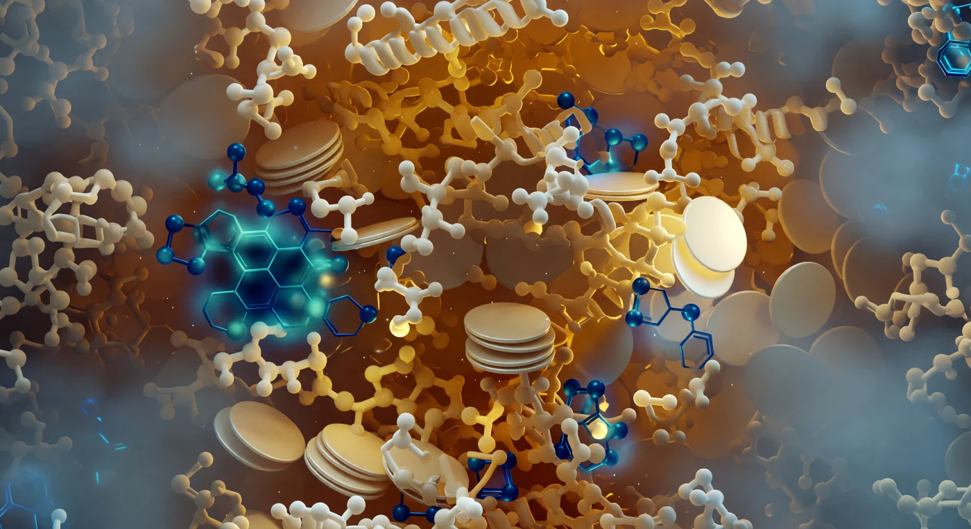 Ci si trova all'interno del nucleo idrofobico di una proteina globulare ripiegata, intrappolati in una cavità così densa da sembrare scolpita in un cristallo di caramello traslucido: catene di leucina e isoleucina dal caldo color avorio si toccano entro 3,5–4,0 Å in contatti C–C tenuti insieme unicamente dalla forza di van der Waals, raggiungendo una densità di impaccamento che rivaleggia con quella delle gemme tagliate. Dischi aromatici di fenilalanina color oro pallido fluttuano in piani paralleli sfalsati, mentre l'indolo del triptofano irradia a sinistra una luminescenza turchese-blu profonda, frutto della delocalizzazione dei suoi elettroni π, e uno zolfo di metionina restituisce un riflesso giallo-oro metallico come una perla sepolta nella resina. Non esiste cielo né orizzonte: ogni direzione offre un'altra superficie molecolare curva entro qualche ångström, e il calore ambrato della materia compressa avvolge l'osservatore con la presenza silenziosa e massiccia di una cattedrale organica. Soltanto ai margini estremi della percezione — quindici o venti ångström in lontananza, che in questo mondo equivalgono alla parete opposta di una caverna — l'impaccamento si allenta impercettibilmente e una nebbia azzurra e diffusa filtra tra le catene, segnalando la superficie idrofilica della proteina e il vasto mondo disordinato dell'acqua oltre di essa.
