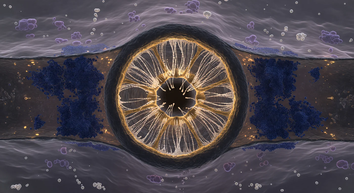 Ti trovi sospeso nel nucleoplasma come in un liquido denso e viscoso, simile a miele freddo, mentre dinnanzi a te si erge una delle strutture più imponenti della cellula: il complesso del poro nucleare, un portale circolare di circa 120 nanometri che occupa interamente il tuo campo visivo, incassato nella doppia membrana nucleare color antracite come un rosone dorato e bronzeo fuso nella pietra viva. La sua simmetria otto volte radiale — ottosubcomplessi proteici disposti con precisione quasi architettonica — irradia una luce ambrata e calda, mentre dal tappo assiale centrale scendono filamenti di FG-nucleoporine come una tenda di perle traslucide, agitati da una lenta undulazione ipnotica che si interrompe ogni volta che una macromolecola in transito li attraversa, aprendo per un istante un abisso cilindrico di oscurità assoluta. Ai lati del poro, masse di eterocromatina compatta si innalzano come scogliere di mezzanotte in indaco profondo, le loro superfici granulose di nucleosomi che assorbono la luce senza rifletterla, mentre alle tue spalle la cromatina più aperta dell'eucromatina si dissolve in una foschia lavanda e lilla tenue, attraversata da droplet condensati che brillano come mercurio sospeso. Questo cancello non è soltanto un passaggio fisico: è il punto di controllo tra due mondi distinti della cellula, il filtro attraverso cui RNA messaggeri, proteine ribosomiali e segnali di regolazione negoziano ogni secondo il traffico che definisce l'identità e la sopravvivenza della cellula stessa.