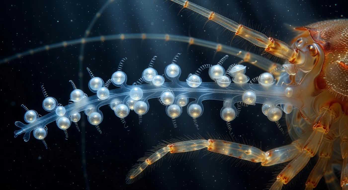 Sospesi nell'oscurità mesopelagica, ci troviamo a pochi decimi di millimetro da un tentillum di *Pleurobrachia* — un filo di vetro vivente che occupa quasi tutto il campo visivo, la sua traslucenza ghiacciata percorsa da sottili striature citoschelatrici e percossa da una tensione muscolare a metà della retrazione. Lungo il suo bordo si addensano i colloblasti: cupole emisferiche di adesione biologica, alcune ancora integre e gonfie come perle di rugiada, altre già schiacciate contro la chitina rugosa di un'antenna di *Calanus* — quella trave di ambra ferruginosa che entra nell'inquadratura come un arco architettonico, le sue scanalature trasversali orlate di luce fredda. Dove la superficie del crostaceo ha toccato il tentillum, due o tre teste di colloblasto si sono deformate in dischi piatti che diffondono un alone adesivo appena visibile: una reazione biochimica di ancoraggio irreversibile catturata nel suo mezzo atto, mentre i filamenti spiralati si srotolano come molle microscopiche nell'interno del filo. Una zampa natatoria del copepode — ambra traslucida, piumata di setole — spinge inutilmente contro il tentillum, e la lieve curvatura del filo tradisce il vettore di forza di un animale che non fuggirà. L'intera scena è un teatro di predazione miniaturizzata in cui la biologia del contatto — chimica, meccanica, geometria — si legge nella luce fredda a 480 nanometri che scende da una superficie lontanissima e incide di bianchi riflessi speculari ogni cupola adesiva nell'abisso blu-nero.