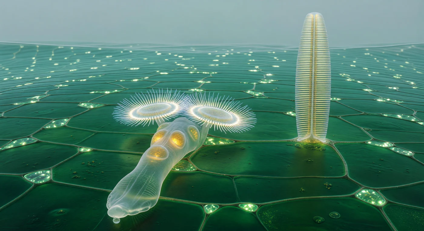 La superficie sotto di te si estende come un pianeta di giada, liscia e immensa, una parete cellulare di cellulosa che curva dolcemente verso un orizzonte acquatico a quaranta lunghezze di corpo di distanza — questa è la superficie di una singola cellula di Sphagnum, un muschio che costruisce torbiere intere, eppure qui la sua architettura è un pavimento di cattedrale smeraldo solcato da giunture scure come fughe di pietra. Il tuo piede translucente si protende avanti nel primo piano estremo, un tubo di glicerolo che incolla la sua punta alla parete con una goccia di cemento ghiandolare che rifrange la luce verde in una stella puntiforme, mentre dentro il tuo corpo di vetro le ghiandole gastriche ambrate pulsano come topazi riscaldati contro il freddo del verde pervasivo. Ai due dischi trochali anteriori, migliaia di ciglia battono in onde metacrone coordinate a 15–25 Hz, fondendosi otticamente in corone luminose di fuoco bianco-azzurro — non ruote vere, ma l'illusione perfetta del moto rotatorio, funzionando per aspirare particelle di cibo nel campo buccale mentre l'acqua stessa, viscosa come glicerolo a questo numero di Reynolds di 0,1–1, trasmette ogni impulso ciliare con fedeltà immediata. Sul lato destro della scena, una frustula di Pinnularia si erge verticale come una torre art déco di silice alta 150 micrometri, le sue strie trasversali parallele che captano la luce trasmessa in bagliori ambrati lungo la raphe centrale — un monumento geologico in miniatura che ricorda come i diatomei costruiscano le loro armature in silicio biogenico con precisione nanometrica, reliquie di vite unicellulari che sopravvivono intatte per milioni di anni dopo la morte della cellula.