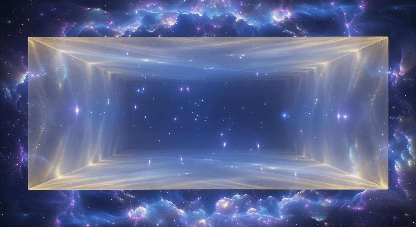 二枚の半透明な金白色の導電板が、互いにほんのわずかな間隔を空けて無限に延び、そのあいだに深い青黒い静かな真空が閉じ込められているのが見える。外側では青紫の量子真空が激しくきらめいているのに対し、内側では長波長の仮想光子モードが禁じられているため、揺らぎは途切れた火花のようにしか現れず、すぐに境界条件に吸い消される。各板の内面には、非対称な真空エネルギー密度が生み出す淡い青白い圧力の光がにじみ、そこに実在する力の輪郭を静かに示している。まるで巨大な大聖堂の中に立っているかのような沈黙と圧迫感があり、真空そのものが削り取られた結果として、この狭い空隙の密度が一段と深く感じられる。