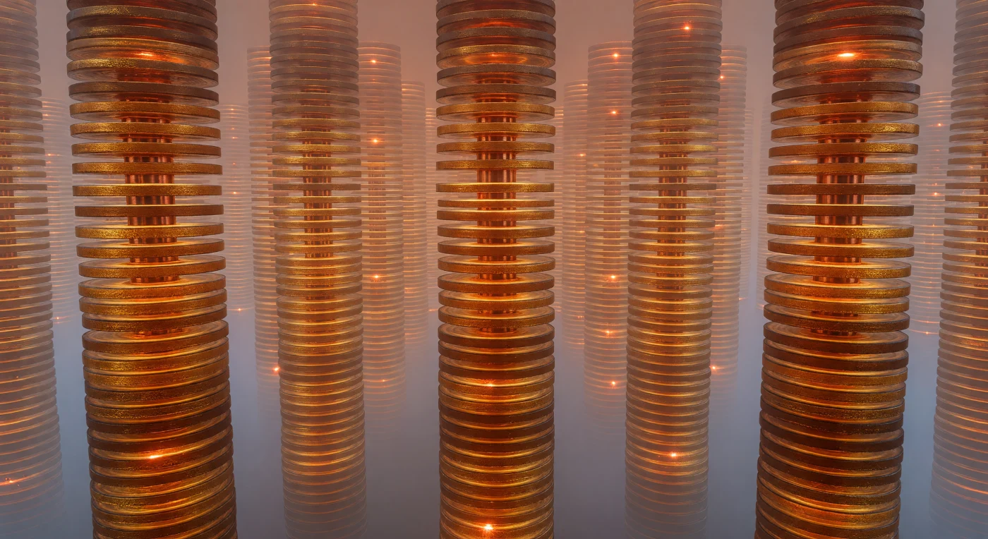 有機結晶の底部から見上げると、コロネン分子が積み重なって形成された無数の円柱が、暖かな琥珀色の光を放ちながら頭上の霞のなかへと消えていく。直径わずか9オングストローム、炭素12個が縫い合わさった芳香族の盤が、3.4オングストロームという極めて薄い間隔で整然と積層し、その円盤と円盤のあいだには共有されたπ電子雲が薄い金色の膜のごとく広がって、隣接する分子同士を光の連続体として結びつけている。列柱と列柱のあいだに漂う灰青色の半透明な霞はファン・デル・ワールス相互作用の領域であり、共有結合のような強固な束縛ではなく、ゆるやかな量子的引力がその空間を満たしている。そこへ突然、電子が格子を伝わるポーラロン跳躍が起きると、橙色の閃光が一瞬だけ弾けて列柱を駆け上がり、網膜に残像を刻んだまま静寂へと戻る。この場所ではすべての構造が熱運動によってかすかに振動しており、完璧な結晶秩序と絶え間ない量子的揺らぎとが、互いに切り離せない形で共存している。