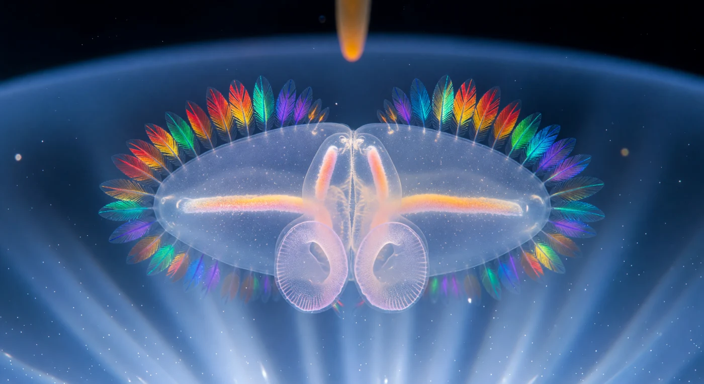 クライゼル水槽の青白いLED光の中に、体長6センチのクシクラゲ（*Mnemiopsis leidyi*）が完璧な層流に浮かんでいる——まるでコペポーダほどの大きさに縮んだ視点から、生きたガラスの大聖堂を見上げているようだ。体の大部分はほぼ完全な透明で、その透明さは色素のなさによるものではなく、海水と近似した屈折率を持つ中膠（メソグリア）というゲル状の細胞外マトリクスが光をそのまま通すためであり、時折その内部に柔らかなコースティクスが揺らめく。8列の繊毛列（クシ板列）は下方から差し込む冷たい青白い光に照らされ、それぞれの板が赤から琥珀、緑から電気的なティール、そして青紫へと変化する虹色の波を順々に伝播させている——これは色素によるものではなく、何十万本もの繊毛が形成する回折格子による純粋な構造色だ。口葉は濡れた磨りガラスのような半透明の組織として視野の手前を占め、ゆっくりとした蠕動収縮を繰り返しながらその縁を淡いラベンダー色の後光で縁取り、その奥では暖かな珊瑚色の生殖腺の筋が口道を両側から挟むように走っている。フレームの端にはぼんやりとしたピペットの先端が惑星のような巨大さで浮かび、この水中に浮かぶ私的な宇宙の縮尺を静かに告げている。