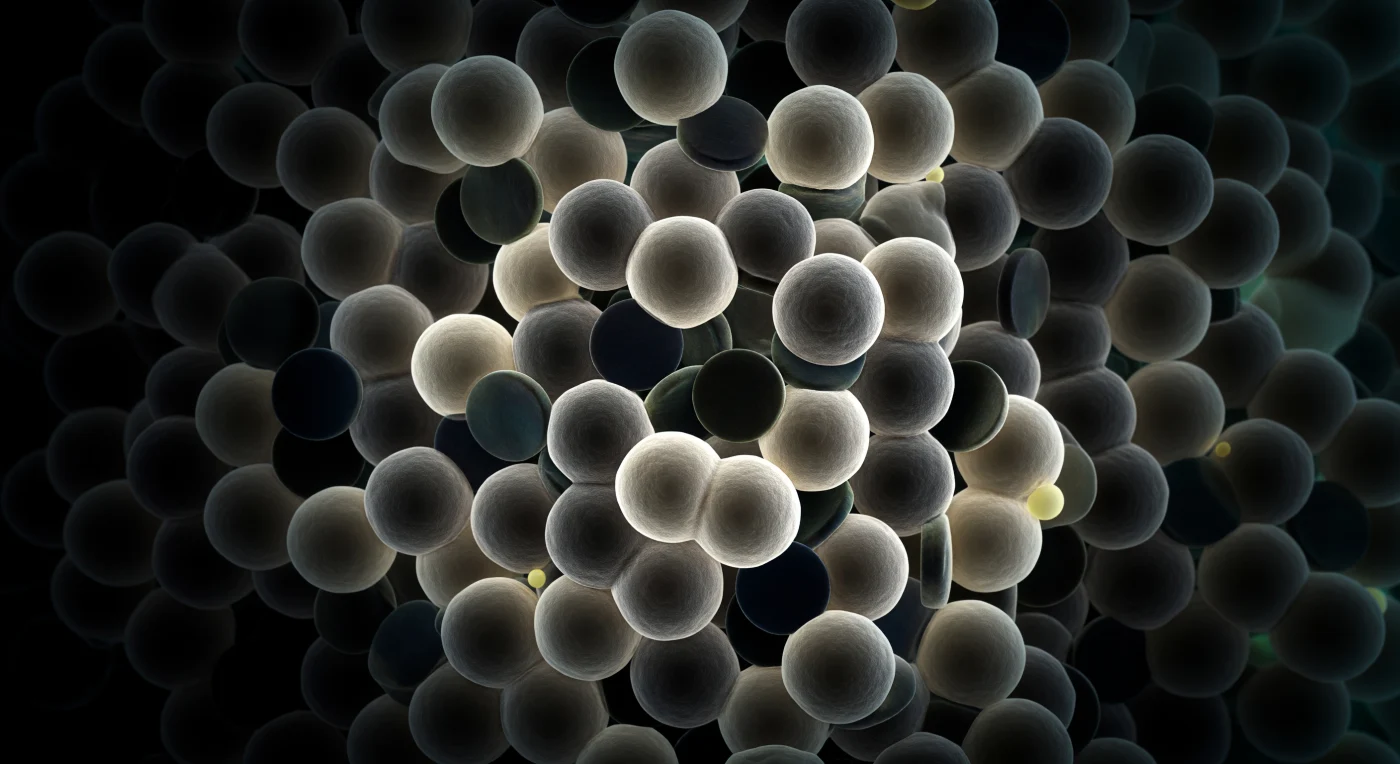 球状タンパク質の疎水性コアの奥深く、水分子が一度も侵入したことのない幾何学的な闇の中に、あなたは存在している。ロイシンやバリンのファンデルワールス球面が四方八方から押し迫り、炭灰色と温かみのある象牙色の表面が量子反発の極薄い余白だけを残して互いに接触し、二つの電子雲が触れ合うたびにかすかな接触ハローを放ちながら、地質学的な洞窟のように完璧に噛み合う。フェニルアラニンの芳香環が黒曜石の平板として空間を鋭く分断し、その影は拡散光の存在しないこの世界でナイフの刃のように絶対的な暗さを刻み込んでいる。散在するメチオニンの硫黄原子が、割れた岩の隙間から覗く熾火のような深い硫黄色の輝きを点在させ、無彩色の世界に唯一の温色をもたらしている。遠方の溶媒境界からは、封じられた洞窟の底に届く光のように、冷たい青緑色の光がタンパク質の二次構造の隙間をかすかに滲み込んでくる——それは深さと閉塞感を示唆するだけで、何かを照らすものではない。310ケルビンの熱振動がサブオングストローム単位の微かな拍動として全ての接触面を静かに伝わり、このテクトニックな静寂はキロジュール以下のファンデルワールス力によって保たれている。