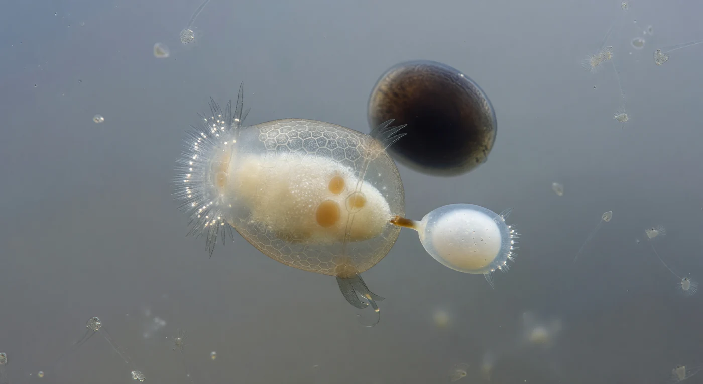 灰青色に濁った水柱の中に漂いながら、私たちは三つの生命体が織りなす生殖の瞬間を目撃している。左側に占める雌のワムシ（*Brachionus*）は、琥珀色がかった硝子のような鎧板（ローリカ）を纏い、体内の卵黄核がクリーム色の塊として透き通る体壁越しに輝き、前端の繊毛冠が薄光の輪を描いて拍動している。その後端にしがみついているのが矮小雄で、体長は雌の四分の一にも満たず、体積の大半を占める乳白色の精巣と琥珀褐色の交尾針だけで構成されたかのような、機能に徹した存在だ――あまりにも極端なその大きさの非対称性は、共生者か寄生者かと一瞬脳裏をよぎらせる。ふたりの背後では、すでに受精を終えた休眠卵が静かに沈降しつつある。分厚いキチン層に包まれた暗褐色の不透明な球体は、雌の輝くような透明さとは対照的に光を一切透さず、堆積物の中で数年にわたる休眠に耐えるべく設計された密閉された未来として、この粘性の水の中をゆっくりと降りてゆく。拡散光の中に浮かぶ珪藻の幾何学的な影が遠景に溶け込み、この数十マイクロメートルの世界が、途方もなく広大であることを静かに告げている。