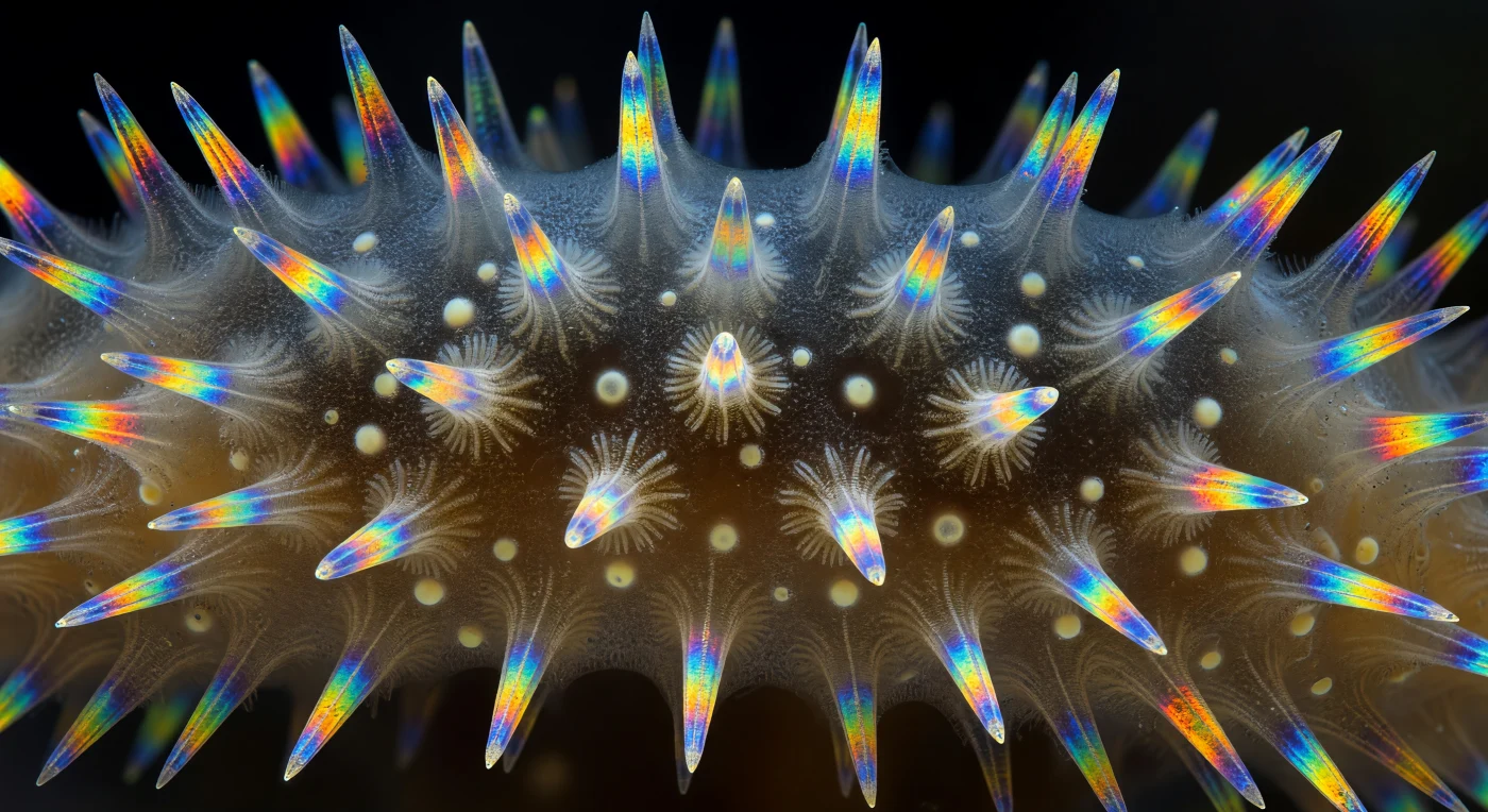 偏光フィルターの魔法のもと、カイメンの一種 *Sycon ciliatum* の体壁断面が、ミクロスケールのステンドグラス大聖堂として眼前に広がる——放射状に整列した水管が身廊の通廊のごとく左右へ延び、それぞれの内壁をおおう襟細胞（カノサイト）の繊毛が、組織を透過するかすかな光をとらえて揺れている。その水管と水管のあいだを埋める中胶層（メソヒル）は、細胞外基質の繊維と古細胞が漂う琥珀灰色の半透明なゲルとして沈黙し、漆黒の背景に対して生命の足場としての存在感を主張する。そしてこの暗がりを劈くのが、三放骨針と四放骨針の炭酸カルシウム（カルサイト）結晶がもたらす複屈折の火だ——電気的なコバルトブルー、硫黄色の黄、熔けるようなオレンジ、冷たいエメラルドグリーンが、偏光の干渉によって骨針の内側から灼き上がり、二本の骨針腕が体壁面内に横たわりながら宝石のような色彩勾配を描く一方、第三腕が針のように手前へと突き出してくる。スケール感は表面の質感そのものが語る——メソヒルの粒状で繊維質な微細構造が分子足場の息吹を示し、骨針の直径に比して広大な水管の内腔が、爪ほどにも満たない生物の体内に、めまいを起こさせるほどの奥行きと内的宇宙を秘めていることを告げている。