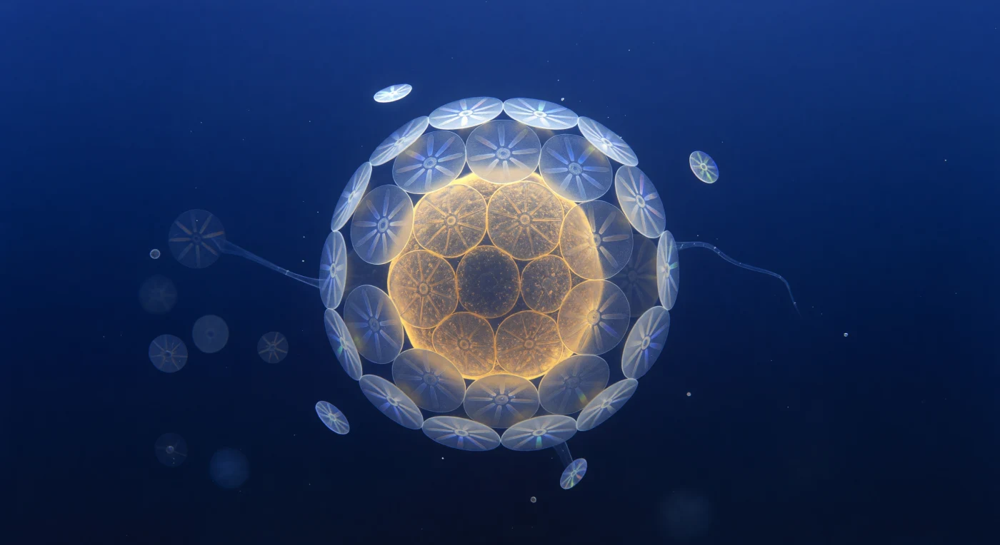 深海の青の中に浮かぶ視線の先に、琥珀色に輝く小さな球体がひとつ、宇宙に浮かぶ月のように視界を支配している。これはエミリアニア・ハクスレイという円石藻の細胞であり、その表面を覆う二十枚の方解石製の車輪状プレート——円石——が精密な幾何学模様を描きながら隙間なく組み合わさり、生物が作り出したとは思えないほど整然とした鎧を形成している。細胞内部に詰まった葉緑体が橙金色の光を滲ませ、その柔らかな輝きは薄い細胞膜を通して周囲の水へと溶け出している一方、各円石の結晶面は上方から降り注ぐ480ナノメートルの青い光を捉えては、氷青から菫色、刹那の薄荷緑へと砕け散る小さな虹を瞬かせる。視野の外縁では、脱落した円石が数枚、ブラウン運動の熱的揺らぎに乗ってゆっくりと回転しながら漂い、それぞれが光を掴んでは手放す小さな円盤として深いウルトラマリンの闇に消えていく。この炭酸カルシウムの微細構造は、海洋の炭素循環における生物ポンプの重要な担い手であり、細胞が死を迎えるとき、この鎧は海底へと沈降して何千万年もかけてチョークや石灰岩の地層を積み重ねていく。