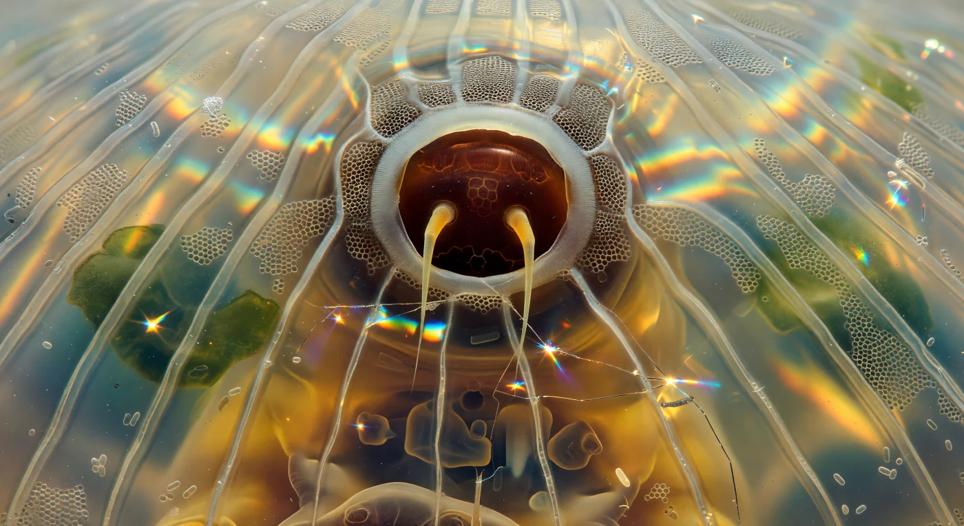 완전히 규소로 빚어진 돔 천장이 시야 전체를 덮는다 — 규칙적인 늑골과 육각형 공극의 배열이 물속 빛을 굴절시켜 황금빛, 호박빛, 옅은 청록색의 무지갯빛 줄기를 사방으로 흩뿌리는 규조류의 껍데기이다. 위를 올려다보면 그 유리 벽을 뚫고 내려오는 것이 있다 — 완벽한 원형의 구순부를 규소 표면에 밀착시킨 완보동물의 전면부가 하늘을 가득 메우며 압박해 온다. 한 쌍의 호박빛 침상 구조, 즉 협침이 이미 규조 껍데기의 벽을 관통했고, 각 관입 지점에서 미세한 균열이 방사형으로 뻗어나가며 보라색과 구리빛, 전기 파란색의 간섭 광륜을 실리카 늑골 위에 번지게 한다. 그 뒤편 체내에서는 내부에 커티큘라 소판을 담은 인두구가 어두운 진홍빛 구체로 박동하며, 그 진동이 주변의 얇은 수막을 통해 압력파로 전달되어 온몸으로 느껴질 듯하다. 불과 수 마이크론 두께의 수막은 실리카 늑골의 굽은 경계를 따라 수은 거울처럼 완벽한 은빛 호선을 이루고, 그 가장자리에서는 세균의 작은 막대들이 브라운 운동으로 천천히 떠다닌다 — 포식과 건축이 하나로 포개진 결정질의 세계.