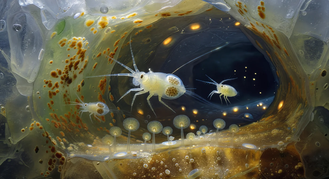 모래 알갱이의 만곡한 표면이 빙하의 옆구리처럼 공간의 경계를 이루는 이 호박빛 틈새 안에서, 크림색 암컷 Tisbe 요각류가 불규칙한 궤적을 그리며 헤엄치고 있다 — 그 뒤로 두 개의 청회색 난낭이 늘어져 있으며, 팽팽하게 부풀어 오른 막 안에는 짙은 쉼표 형태의 배아들이 다닥다닥 들어차 있다. 수컷은 그보다 작고 각진 몸체로 긴박하게 뒤를 쫓는데, 굴절된 제1촉각을 활처럼 앞으로 내뻗어 그 위에 촘촘히 난 감각모로 암컷이 수면에 새겨 놓은 화학 신호를 분자 단위로 더듬는다 — 그 페로몬 흔적은 청회색 빛이 미세하게 굴절하는 아지랑이처럼 간신히 눈에 걸릴 뿐이다. 공간 후면의 알갱이 표면에는 점액질 자루 위에 선 Licmophora 규조류의 소숲이 있어, 방사형 줄기문양이 새겨진 부채꼴 규산질 세포들이 옆에서 스며드는 빛을 Y자 그림자로 흩뿌려 아래의 황금빛 생물막 위에 드리운다. 이 세계에서 중력은 무의미하고, 점성과 화학 기울기만이 모든 운동의 법칙이다.