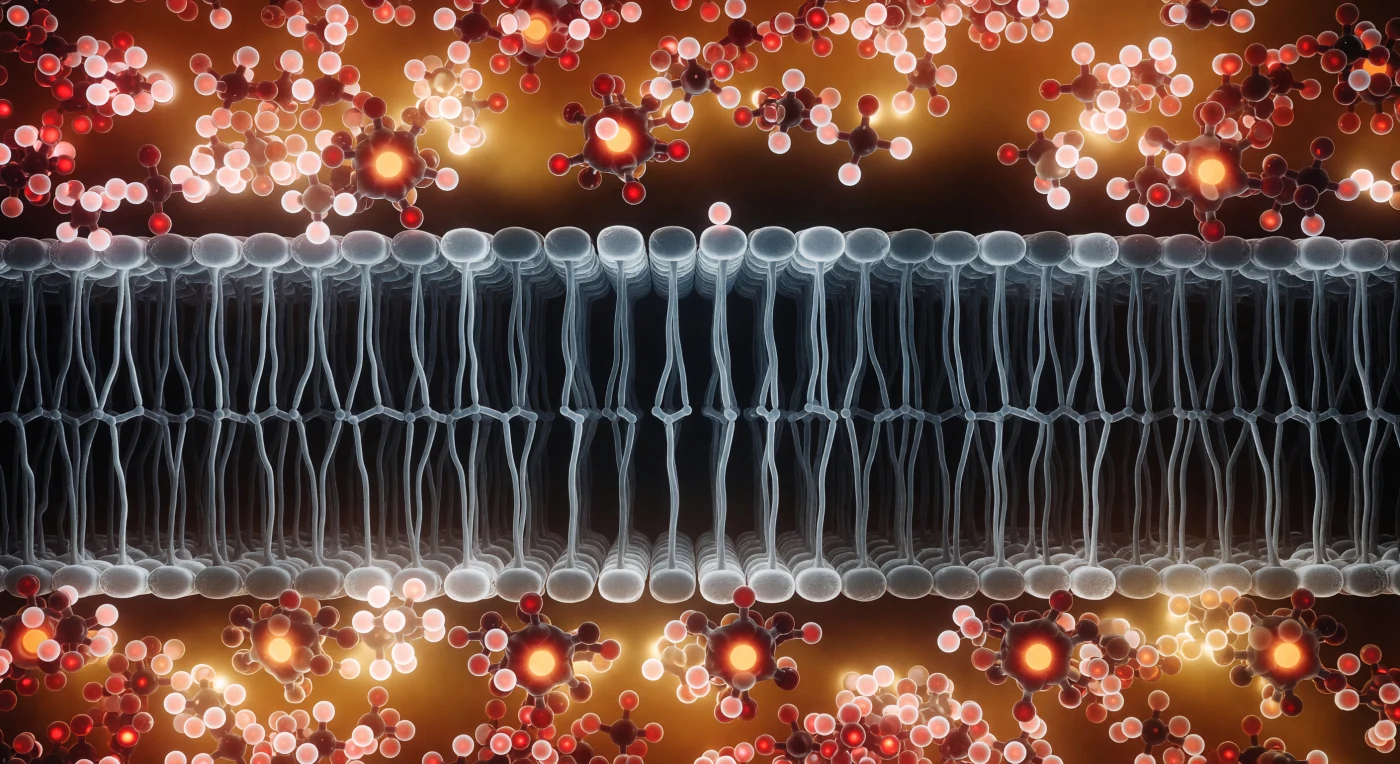 You are standing inside a living membrane wall, pressed between two worlds that could not be more unlike each other. Above and below, the hydrophilic zones erupt in dense, luminous chaos — phosphate head groups blaze in tangerine-orange and burgundy, their phosphorus and oxygen atoms radiating overlapping electron-density halos, while swollen water molecules crowd every available space, their oxygen cores glowing arterial crimson and their hydrogen lobes pulsing in soft pearl-white, the entire surface seething with thermal agitation as hydrogen bonds form and rupture on picosecond timescales. Between these two radiant polar shores stretches the hydrophobic core: a cathedral of near-total molecular silence where hydrocarbon tails — long chains of carbon and hydrogen atoms linked by 154-picometer covalent bonds — extend in parallel columns of cold gray-silver electron density, some kinked into gauche conformations by thermal disorder, others held in near-perfect all-trans linearity, the liquid-crystalline state poised between solid order and fluid randomness. Not a single water molecule penetrates this interior; the energetic cost of exposing a polar oxygen to this nonpolar environment is simply prohibitive, and so the boundary between the wet world and the dry one is shockingly abrupt — a molecular horizon just a few atomic diameters wide that separates biological electricity from hydrocarbon silence, the entire stratified structure only a handful of nanometers thick yet serving as the universal boundary of all living cells.