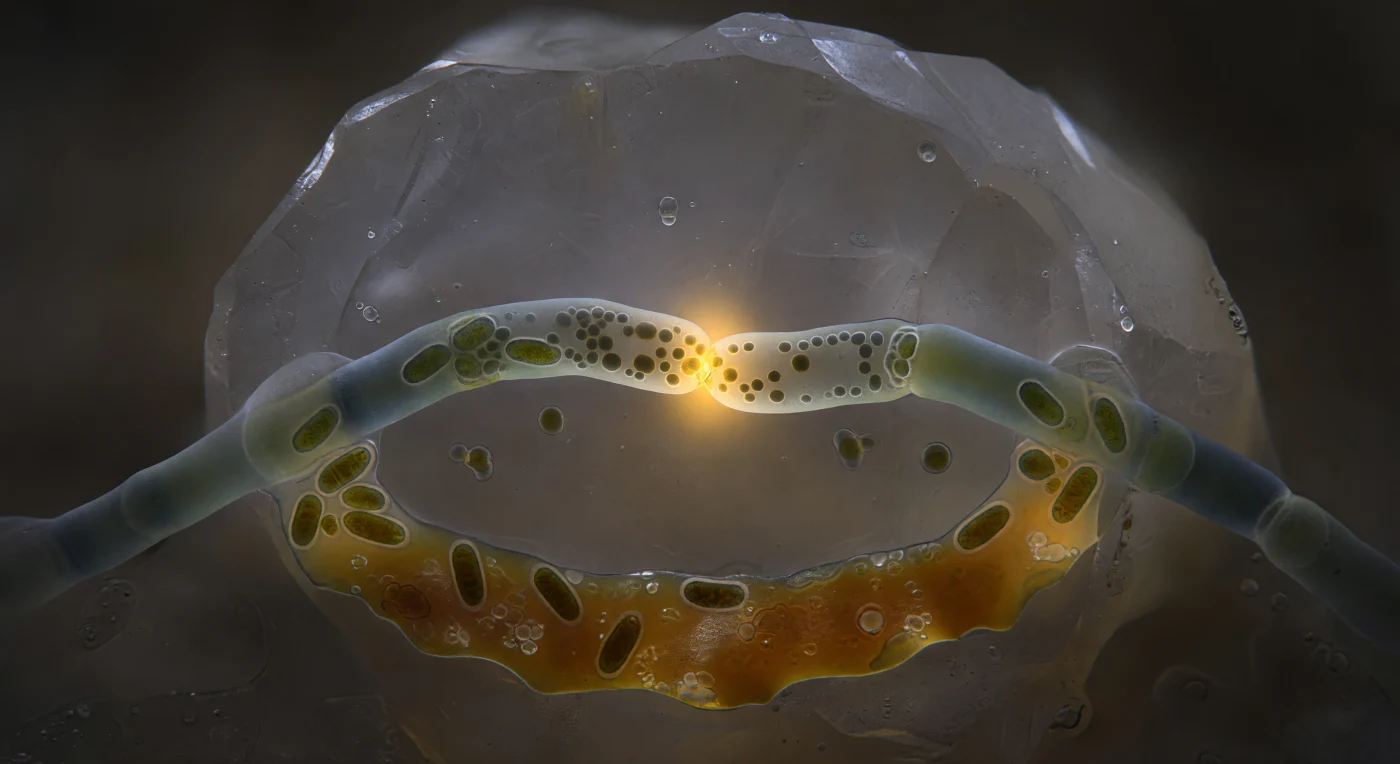 In het donker van een bodemspore, zo nauw als een speldenknop, buigen twee glasheldere schimmeldraden van een arbusculaire mycorrhizaschimmel naar elkaar toe — hun wanden opgebouwd uit een glad composiet van chitine en glucanen, amper vijf à zes micrometer dik, vaag blauwgroen in het schijnsel van het enige licht in deze wereld. Op het raakpunt, een schijf van nauwelijks anderhalve micrometer doorsnede, lossen de celwanden in elkaar op: hyphaanastomose, het moment waarop de grens tussen twee afzonderlijke organismen letterlijk verdwijnt en zij één doorlopend netwerk worden. Het fusiekanaal gloeit amber-goud, geconcentreerd en pulserend, gedreven door een dichte stoet mitochondriën die als gedrongen olijven tegen de poriemonding drukken, terwijl lipidekorrels en cytoplasma in een taaie stroom van links naar rechts vloeien — zichtbaar als een verloop van donker naar iets lichter, van gevuld naar gedeeltelijk overgedragen. Achter dit kruispunt vervaagt de feldspaatklif tot een zacht zilvergrijs aan de rand van het diepteveld, en het waterfilmpje dat alle oppervlakken bekleedt weerkaatst de ambere gloed in een zachte aureool, waardoor deze fusieplek aanvoelt als een hydrothermale bron op de oceaanbodem: een onherleidbare kern van warmte en uitwisseling in een verder absolute duisternis.
