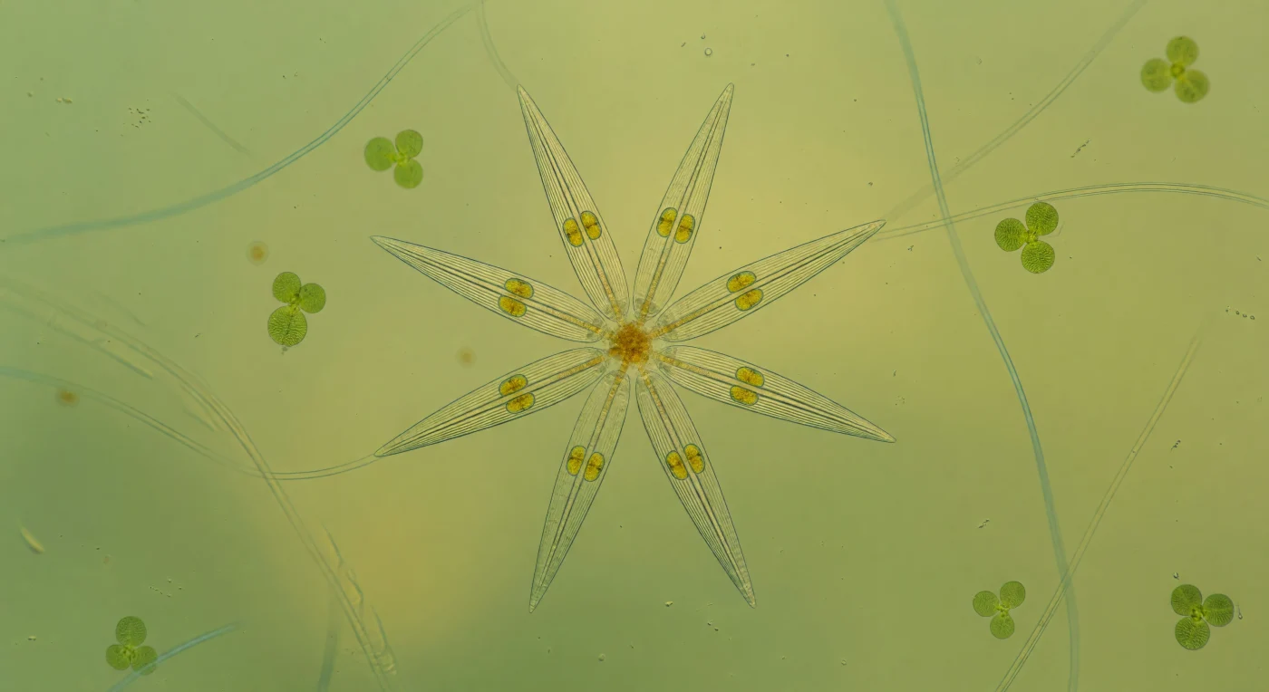 Je zweeft roerloos in het ambergroene schemerduister van een meerwater-epilimnion, omgeven door een medium dat de zachte goudtint draagt van opgeloste looizuren en algenpigmenten, een vloeistof zo helder als geelgroen glas maar bezield door een zachtaardige chemische rijkheid. Voor je domineert de Asterionella formosa-kolonie het blikveld: een perfecte achtarmige ster van tweehonderd micrometer doorsnede, waarbij elke arm een slanke zuil van biogeen silica is — amorf, gehydrateerd opaalglas dat het invallende daglicht breekt in bleke interferentieringen van koud zilver en warm goud langs elke gestreepte groef van het klepoppervlak, zodat de structuur aanvoelt als een kathedraalraam dat zichzelf heeft gebouwd met moleculaire precisie. De centrale mucilagepad, een dicht amberknooppunt als oud harsbarnsteen, houdt alle acht armen bijeen via onzichtbare biopolymeerverbindingen, terwijl langs elke arm twee chloroplasten lopen als gekoppelde gouden staafjes, hun fucoxanthinewarme gloed filterend door de silicamantel als kaarslicht achter bewerkt glas. Verderop in het waterkolom draaien driearmige Staurastrum-desmiden als jadekleurige lantaarns langzaam om hun as, en cyanobacteriële filamenten trekken blauwgroene rookdraden door het lichtverstrooide diepte — allemaal deelnemers aan hetzelfde trage biologische tijdritme van fotosynthese, siliciumopname en de stille scheikunde van zoet water.
