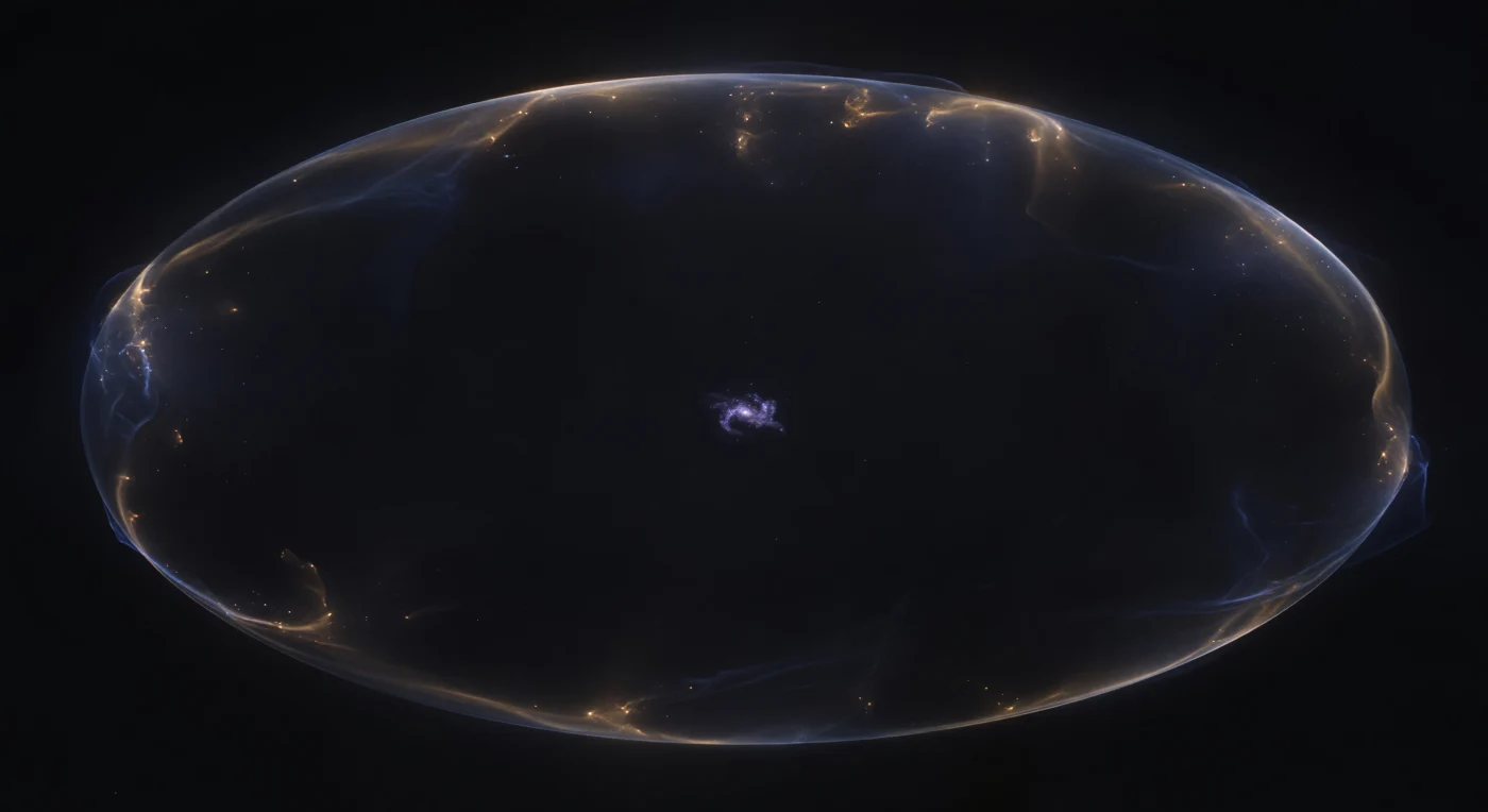 Op het geometrische middelpunt van de Boötesvoid omhult een duisternis de waarnemer die geen gewone duisternis is, maar een tastbare, driedimensionale leegte die zich in alle richtingen over 250 miljoen lichtjaar uitstrekt — groter dan enig filament, groter dan de meeste superclusterstructuren, een van de grootste bekende holtes in het kosmische weefsel. Ver aan de periferie, honderden miljoenen lichtjaren verwijderd maar door het perspectief samengeperst tot een dun gekromd vlies, gloeit de omringende galaxiënwand in warme amber- en okertinten, op sommige plaatsen verdiepend tot koperkleurig goud waar filamenten samenkomen in dichte knopen, het geheel gebogen als de binnenhuid van een reusachtige zeepbel vol uitgedoofde sterrenembers. Vlakbij zweeft als een onwaarschijnlijk solitair eiland één dwergsterrenstelsel in de leegte — asymmetrisch, rafelig van randen, gloeiend in intens elektrisch blauw-violet van ongestoorde stervorming in onbevlekt primordiaal waterstof, zijn licht snijdend scherp omdat er geen tussenliggende stofwolken zijn om het te roodverschuiven. Over het gehele gezichtsveld ligt als een onzichtbaar onderschildsel de kosmische achtergrondstraling, een uniform blauwgrijs schijnsel van 2,7 kelvin dat niet als een oppervlak zichtbaar is maar als een paleisgeheugen van het vroegste heelal, het restant van een vuurbal waarvan het licht in 13,8 miljard jaar is afgekoeld tot dit fluisterende, alomtegenwoordige gloeien.