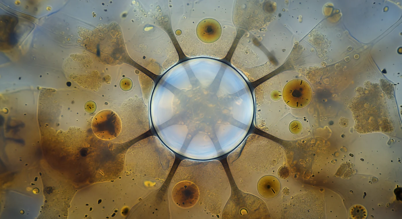 We zijn ondergedompeld in het binnenste van een levende Paramecium multimicronucleatum, en de contractiele vacuole vult het hele beeldvlak als een kathedraalkoepel van levend glas — een perfecte bol van dertig micrometer doorsnede, haar membraan zo dun dat het nauwelijks een grens vormt, slechts een haarfijne lijn van zilveren spanning die het hyaline vocht binnenin scheidt van de omringende cellulaire zee. Zes nephridiale tubuli steken als donkere spaken naar buiten, elk een kanaaltje van samengedreven membraan dat de laatste draden cytoplasmatisch water uit de omringende endoplasma naar binnen trekt — een osmoregulatorisch systeem dat constant werkt om de cel te vrijwaren van osmotische zwelling in het hypotone milieu waarin ze leeft. De omringende cytoplasma dringt van alle kanten aan: amberkleurige voedingsvacuolen vol half verteerde bacteriën drijven door het middenveld, terwijl een continue trage stroom van mitochondriën en dichte korrels het gehele veld textureert als nat grof zand in gouden suspensie. Het hele beeld is geladen met de spanning van een systeem dat één milliseconde verwijderd is van plotselinge totale ineenstorting, het membraan gespannen tot zijn absolute grens, de opgebouwde osmotische last van honderden seconden op het punt losgelaten te worden in één catastrofale systolische explosie.