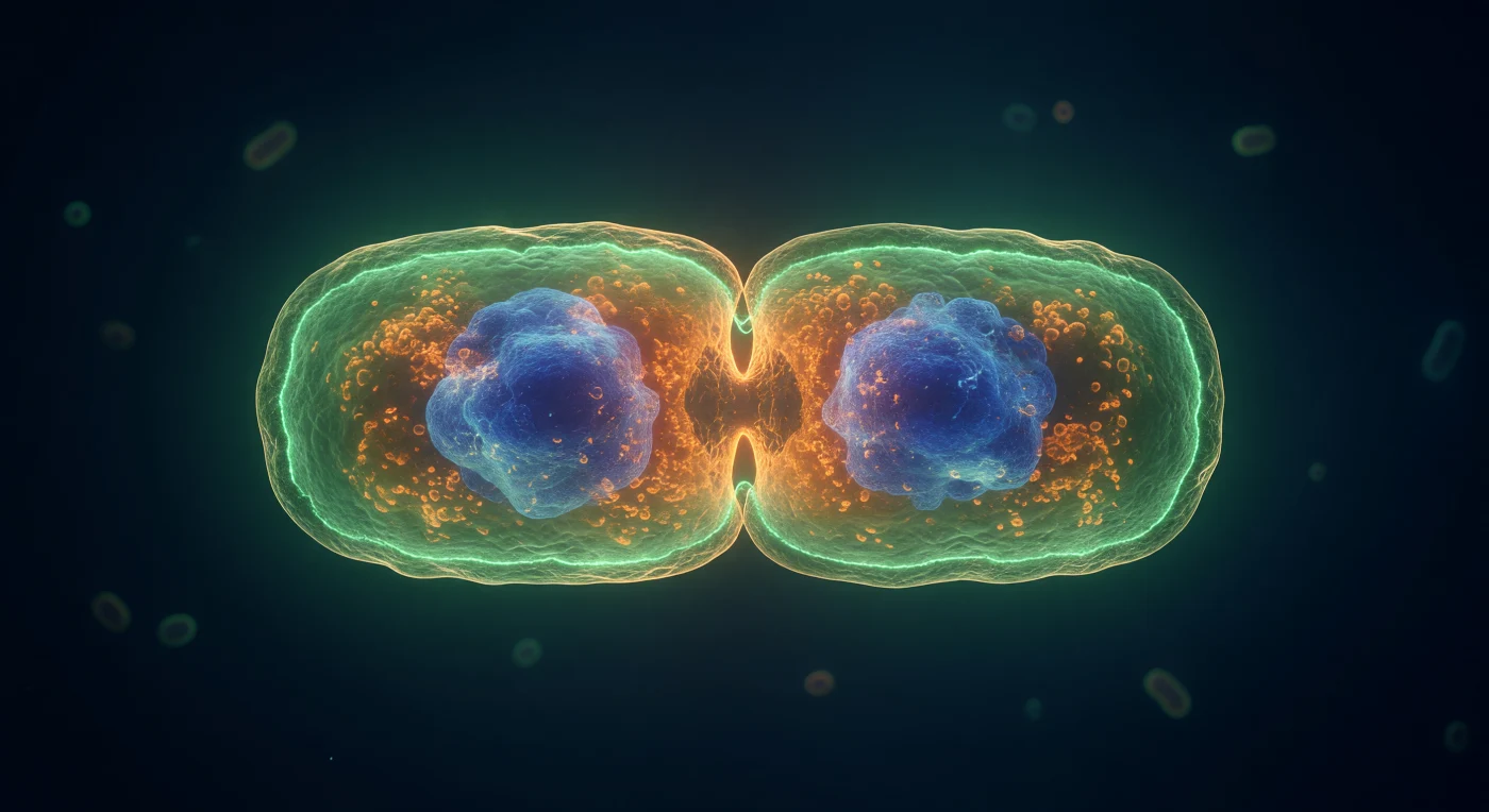 Op de equatoriale gordel van deze reusachtige, langzaam samenknijpende bacteriewereld cirkelen we als getuigen van één van de meest fundamentele gebeurtenissen in de biologie: de celdeling van *Escherichia coli*. Centraal in ons blikveld brandt de FtsZ Z-ring als een kroon van elektrisch groen vuur rondom de volledige omtrek van de versnelling — een continue band van gepolymeriseerde FtsZ-eiwitten, slechts enkele tientallen nanometers breed, die als een moleculaire trekkoord de cel naar binnen trekt via GTP-hydrolyse en dynamische filamentreorganisatie. Door de doorschijnende celwand heen — een goudkleurige lamel van peptidoglycaannetwerk en dubbele membraanlagen — onthult het celinterieur zijn twee gesegregeerde bestemmingen: dichte kobaltblauwe nucleoïdmassa's, volledig uit elkaar gedreven door ParABS-segregatiemachines en chromosomale condensatie, gloeien als compacte nevels in elk ontluikend dochterdeel. De warme, amberkleurige nevel van ribosomen vult elke tussenliggende ruimte met de visuele dichtheid van doorschijnend hars, terwijl de FM4-64-gestempelde binnenmembraan zijn oranje dubbele curve vormt langs de insnoering — een thermodynamisch onvermijdelijk moment, bevroren in fluorescerend licht, waarop één leven in tweeën splitst.