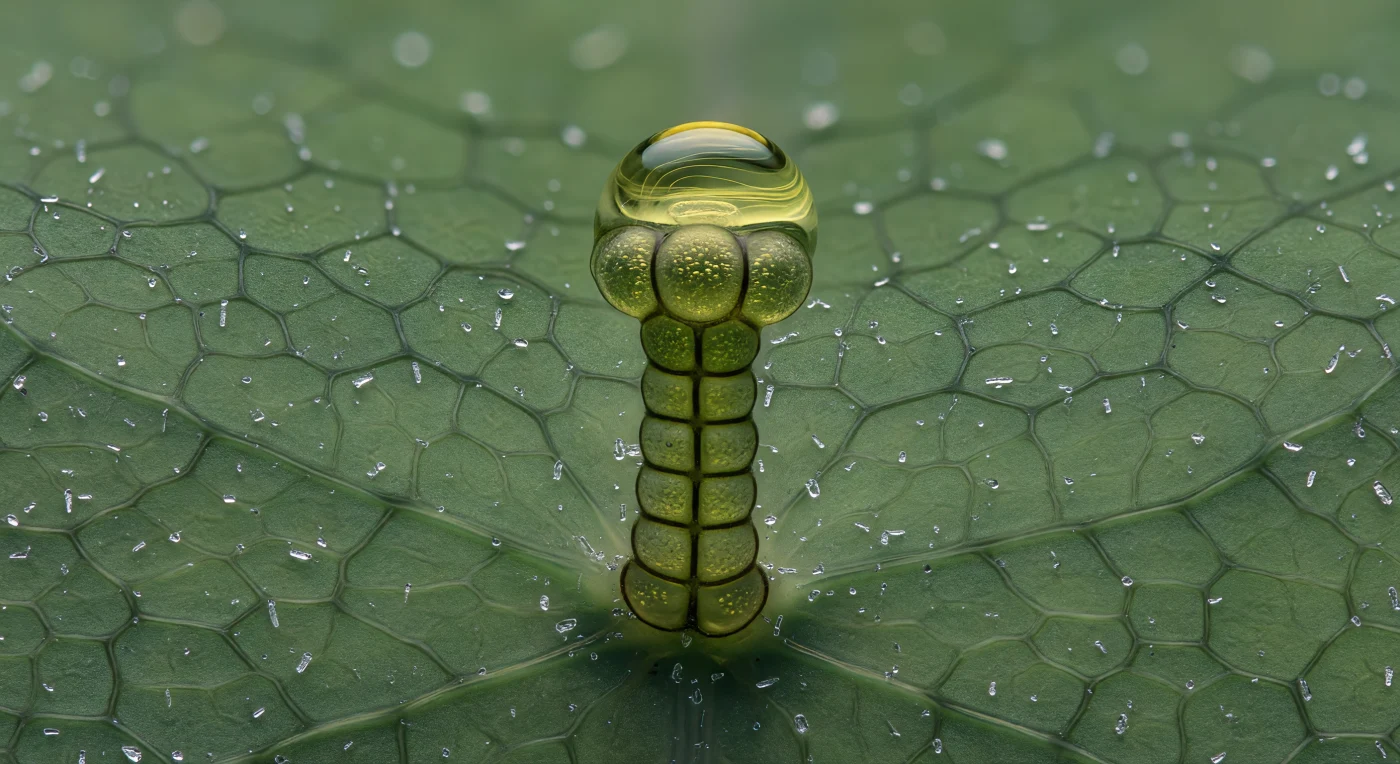 Voor je rijst de secreterende kop van een klierhaartje op, een trichoom dat de bladoppervlakte van een tomatenplant bewaakt als een architectonische toren. De vier schijfvormige secretiecellen vormen een lage kroon, elk een licht afgeplatte koepel van doorschijnend groen-goud cytoplasma, terwijl de cuticula daarboven is opgezwollen tot een strakgespannen, amber-getinte blaar van geaccumuleerde etherische oliën — terpenen en fenolverbindingen die door de cellen zijn gesynthetiseerd en onder de cuticula zijn opgehoopt tot het punt van bijna-barsten. Het licht breekt door het olieblad in een vloeiende, verschuivende glinstering, fijne dichtheidsgradiënten onthullen de gelaagde secretie van verschillende terpenoïde verbindingen, allemaal gevangen onder de groeiende spanning van de cuticula als een zeepbel op het randje van loslaten. Beneden daalt de zespuntige celsteel af in steeds smallere ringen naar de epidermis, waar de basiscel is verankerd tussen de kenmerkende puzzelstukken-gevormde cellen van het dicotyle bladoppervlak, omgeven door een spaarzaam woud van wasstaven die harde kleine schaduwen werpen over het matte, blauwachtig berijpte oppervlak — zodat het lichtgevende olieblaar erboven flonkert als het enige heldere object in een verder gedempte, geweven landschap van doorschijnende wanden en wasachtige richels.