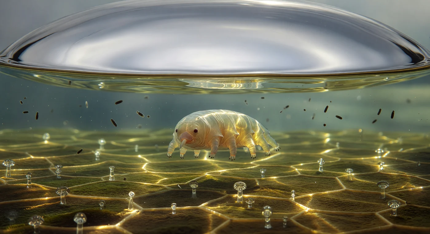 Boven je hoofd welft het wateroppervlak als een enorm zilveren koepelplafond, strak gespannen door oppervlaktespanning en zo volmaakt reflecterend als gepolijst platina — een meniscus van amper veertig micrometer hoog die zich vastklemt aan de celwanden van het mos en daar in sierlijke capillaire bogen omhoogtrekt, gebogen door krachten die op deze schaal even monumentaal aanvoelen als gotisch metselwerk. Vanuit de diepte van de waterfilm rijzen kaustische lichtpatronen op: heldere golvende lijnen van gebroken licht die door de gekromde interface worden gefocust en zich als levende geometrie over de bruingroene mosbodem bewegen, langs diatomeeën die als sierlijk geslepen glazen pilaren op de celwanden rusten en een dunne biofilm die goudkleurig oplicht waar het licht er schuin over strijkt. Bacteriestaven drijven als donkere silhouetten door de blauwgroene waterkolom, de nabije scherp en de verre wazig vervagend in een amberkleurige diepte doordrenkt van organische stoffen uit het mossubstraat. In het midden van dit alles hangt een waterbeer horizontaal in de waterkolom, zijn doorschijnend goudamberkleurig lichaam gelijktijdig beschenen door het warme opwellende licht van de bodem en de koele spiegelglans van het meniscusplafond, zijn acht stompe lobopodiaalpooten traag paddend, de kleine dubbele klauwtjes aan elke voet net zichtbaar als minuscule donkere haakjes. De oppervlaktespanning boven hem is geen abstracte kracht maar een zichtbare, tastbare grens — een gebogen glaswand die een heel universum afsluit van de lucht daarbuiten.