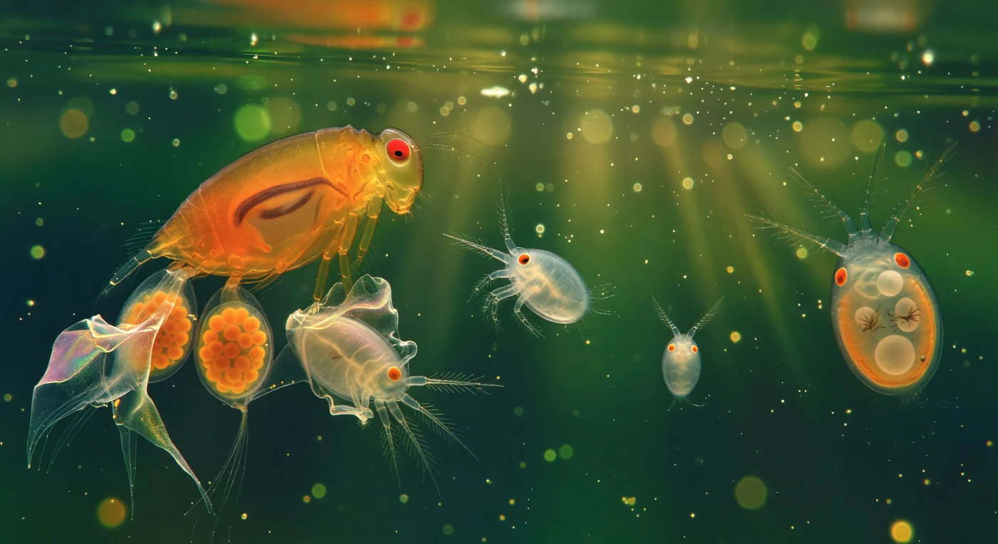 In het groene schemerlicht van een ondiep meer hangen we roerloos in de waterkolom en aanschouwen we een van de meest alledaagse en tegelijk meest buitengewone gebeurtenissen in de zoetwaterwereld: het uitkomen van naupliuslarven uit het eierpakket van een vrouwtjes-*Cyclops*. Het oranje-rode lichaam van de moeder domineert het linker beeldvlak als een doorzichtig barnsteen gewelf — haar darmkanaal zichtbaar als een donkere schaduwband binnenin, haar enkelvoudig oog een robijnrood brandpunt — terwijl het achterste urosoom uitloopt in twee met carotenoid-pigment verzadigde eierpakketten, elk opgebouwd uit individuele eieren die als een mozaïek van oranje bolletjes door het vlies heen te onderscheiden zijn. Het linker pakket breekt open: het membraan, dun als een zeepbel en iriserend in violet en zilver, scheurt uiteen in golvende strepen die in het gefilterde licht glinsteren als spinrag gedoopt in smeltend goud, en drie naupliuslarven bevinden zich op drie verschillende momenten van hun allereerste seconden — één nog gewikkeld in embryonale vliesfibrillen, één tuimelend met net ontvouwende aanhangsels, één al vrij zwevend met zijn drielobbig oogvlekje oplichtend als een gloeiende koolsof. Dit is de levensloop van de talrijkste meercellige dieren op aarde, zich afspelend in een wereld die op deze schaal de consistentie van vloeibaar glas heeft, waar elke slagbeweging van de setae een wervelstroom sculpt en de omgeving bestaat uit dwarrelende deeltjes organisch materiaal en fytoplanktonkristalletjes die opklaren in zachte bolvormige lichtpunten in de diepte.