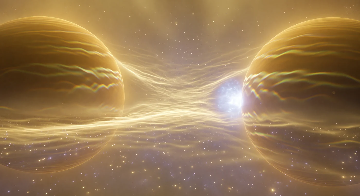 In het hart van de atomaire kern zweeft de waarnemer precies op het middelpunt tussen twee kolossale nucleon-werelden, elk een mollig gloeiende amberkleurige bol die een kwart van de horizon beslaat — hun oppervlakken leven met trage, iriserende interferentiefringes zoals oliefilms op gesmolten brons, terwijl hun randen langzaam oplossen in een honing-gouden waas die geleidelijk overgaat in het omringende medium. Tussen de twee nucleonen, gescheiden door nauwelijks twee femtometer, beweegt een brede bleekgele compressiefront door de internucleaire ruimte — niet als een scherpe golf maar als een gerimpelde band van geïntensiveerde veldenergie, de visuele uitdrukking van een virtuele pion die even in bestaan flitst om het bindingscontract tussen proton en neutron te verzegelen, gedragen door de Yukawa-koppeling die werkt op een reikwijdte van amper 1,4 femtometer. Het vacuüm zelf is niet leeg maar korrelig van paarsgrijs transient flikkeren — virtuele kwark-antiquarkparen en gluoncondensaten die opduiken en verdwijnen in de QCD-grondtoestand — en dit achtergrondweefsel buigt subtiel mee met het passerende front, als hete lucht boven asfalt. Wanneer de nucleonoppervlakken op minder dan een halve femtometer naderen, explodeert op het dichtstbijzijnde punt een blinde witte-blauwe flits van omega-mesonafstoting — een hard, helder moment van kernterugslag dat de twee werelden uit elkaar drijft met dezelfde kracht die hen uiteindelijk gevangen houdt.