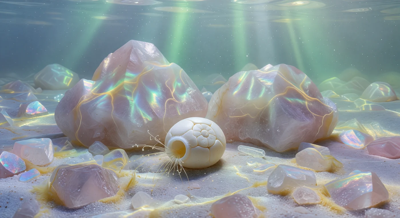 Op de zeebodem, twintig meter onder het oppervlak, rijzen kwartskorrels op als berijpte bergen van melkwit en bleek rozé, hun gefacetteerde oppervlakken bedekt met een gossamer-dunne bacteriële biofilm die goud en violet iriseert waar het gefilterde daglicht er schuin overheen strijkt. Tussen twee van deze minerale kolossen staat de Quinqueloculina als een klein ivoren ei van gebakken klei: zijn porseleinachtige, ondoorzichtige calcietwand draagt geen poriën, alleen de zachte matterauwheid van microscopisch kleine calcietnaaldjes die een karakteristiek keramisch oppervlak vormen, en zijn overlappende kamers zijn geschikt in de typische quinqueloculine geometrie — elke lob nauwkeurig over de vorige gedrapeerd in een complexe spiraal. Vanuit de aperture, omzoomd door een subtiele calcietlip, strekt een bescheiden waaier van korte reticulopodia zich uit in de richting van een nabijgelegen diatomee-frustule, dat als een glazen rechthoek op het sediment ligt met zijn silicastructuur volmaakt transparant en gekruist door de fijne regelmatige striaties van zijn klepornament. Het zeewater zelf is een aanwezigheid — licht wazig van opgelost organisch materiaal, gevuld met traag drijvende vlokken marien sneeuw, in elke richting doorweven met een aquamarijn waas waarin verdere kwartskorrels vervagen tot lichtende, bleke verte.