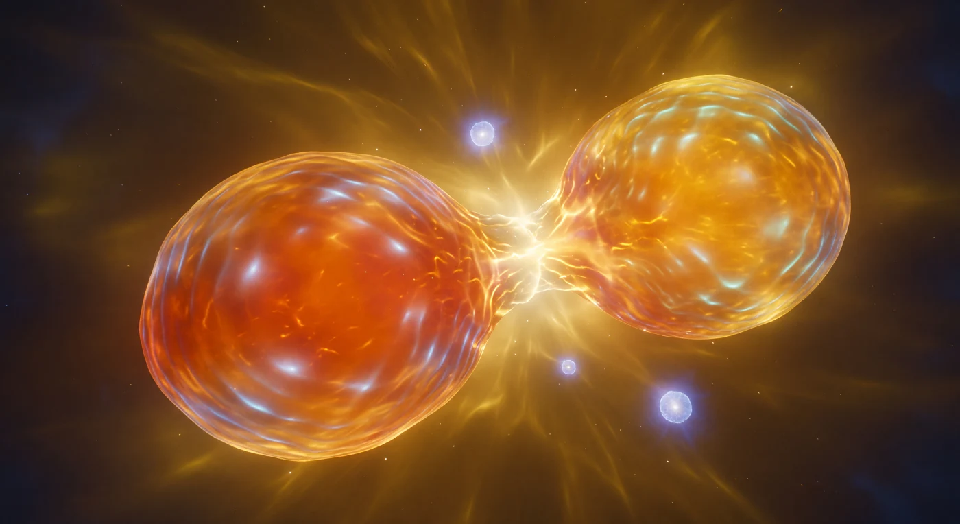 Op vijftig femtometer afstand domineert een kolossale, vervormd-amberkleurige kern het hele gezichtsveld — een uitgerekt lichaam van gesmolten nucleaire materie dat als een stervende zon in zijn eigen doodstrijd gevangen lijkt, twee enorme kwabben verbonden door een versmallende hals van samengeperst kernmateriaal die zichtbaar dunner wordt tot het moment van breuk. Dan barstte de scission los: een verblindend wit-gouden flits van tweehonderd MeV Coulomb-energie vult het middenveld met asymmetrische halo's van elektromagnetische straling, terwijl de twee ongelijke fragmenten — het grotere, diep oranjerode links en het kleinere, helder geelachtige rechts — onmiddellijk uit elkaar accelereren op de kracht van hun onderlinge afstoting. Twee of drie compacte bollen van intens blauwwit licht — vrije neutronen — drijven in willekeurige richtingen weg van het breukpunt, elk omhuld door een zachte violette velddistorsie in het glanzende QCD-vacuüm. De beide fragmenten trillen in hevige kwadrupool-oscillaties, hun flanken rijpend met trage golven van kernmaterie die bleke, koude gammaflitsen afschieten terwijl ze naar een nieuwe, stabielere vorm toegroeien. De omringende ruimte is niet leeg maar gevuld met een diep indigo-amberkleurige gloed — het meetbare licht van gluon-condensaten die het vacuüm zelf doortrekken als een noorderlicht op onvoorstelbaar kleine schaal.