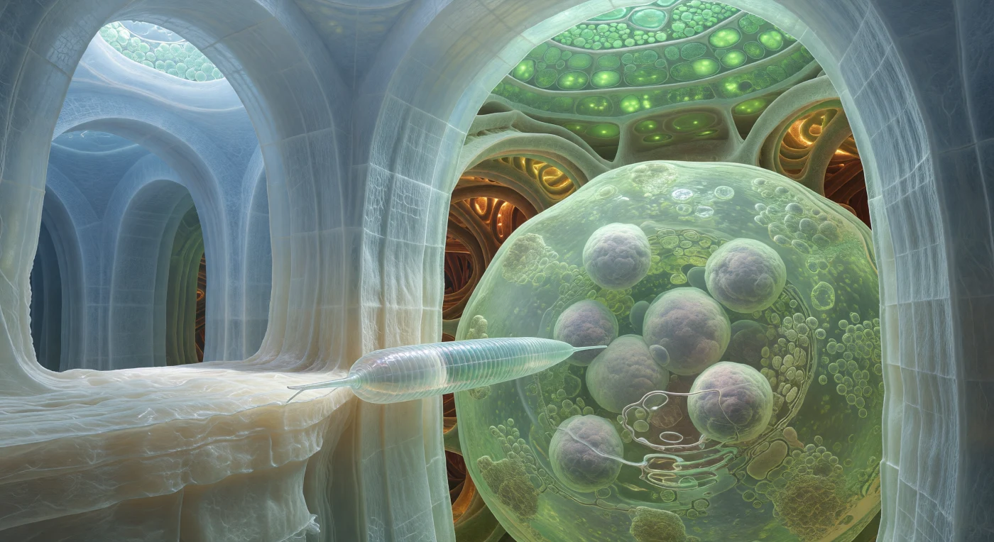 We drijven bewegingloos op de grens van twee onmetelijke celwanden, opgebouwd uit gelaagde cellulosemicrofibrillen die als de pilaren van een ondergedoken kathedraal omhoogrijzen en boven ons opgaan in zachte onscherpte. Vanuit onze positie dringt de juveniele wortelaaltje zijn naaldvormige stylet tegen de wandknooppunt: de buitenste cuticula van het dier glanst als gepolijst glas in het ijsgroene licht dat van ver bovenaf door laag na laag celwand en vacuolairwater sijpelt. Achter die wand openbaart de reusachtige cel zich als een hal vol troebel limoengroen cytoplasma — zo dicht van ribosomen en metabolische machinerie dat het de kwaliteit heeft van verlicht matglas — terwijl meerdere enorme kernen erin drijven als opgezwollen manen, hun nucleaire enveloppen lichtpaars en licht gekreukt. Dit is de transformatie die het aaltje afdwingt: het injecteert esofageale secreties die de plant herprogrammeren tot een permanente voedingssite, zodat de eigen cellen fuseren en uitdijen tot deze buitensporige reuzencel die de parasiet jarenlang van suikers, aminozuren en lipiden voorziet. Diep in de achtergrond gloeien de spiraalvormig verdikte xyleemvaten amber-bruin, de hydraulische aders van de wortel, terwijl hun warme licht vervaagt naar roest en sienna in de verste, nauwelijks zichtbare gangen van dit biologische gebouw.