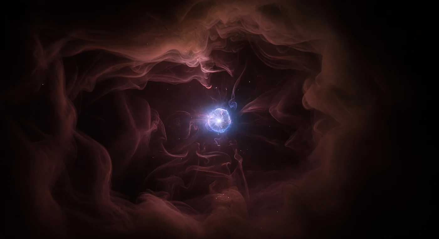 You drift within the outer envelope of a collapsing primordial halo, suspended perhaps two or three light-years from the only fusion fire that has ever burned in this universe — a hypermassive Population III protostellar core, blazing blue-white at tens of thousands of Kelvin, its hard ultraviolet radiation the first coherent photon flood in a cosmos that has known only darkness and the cooling whisper of expansion. Around it, a Strömgren sphere expands with crystalline precision: a sharp ionization front rendered in electric cyan and translucent violet, the boundary between a newborn HII region swept nearly transparent inside and the surrounding primordial cloud — dense, amber-brown, folded in slow convective curtains of pure hydrogen and helium — that remains utterly unchanged beyond. There is no dust to scatter the light, no carbon, no silicon, no oxygen anywhere in this scene; the photons travel perfectly clean through ionized space, giving the bubble an impossibly hard-edged clarity that no later nebula will ever possess, because every nebula that follows will be built from the ash this star is about to forge. At the very edge of perception, the CMB sky at roughly 54 Kelvin suffuses the outermost gas sheets with a barely-there crimson warmth — not light from any source, but the thermal memory of the universe itself, reluctantly yielding its monopoly on energy to the singular, savage eye now opening at the center of everything.