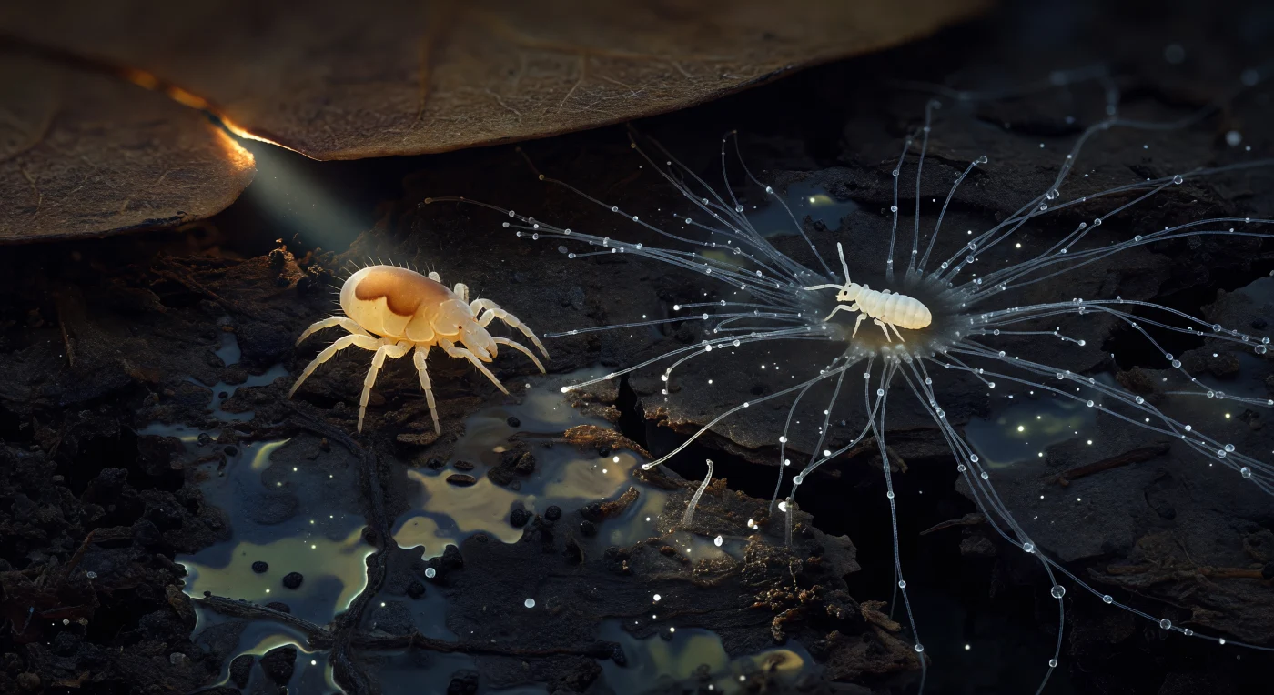 The viewer enters from low and behind, almost flush with the surface of the dark humus, peering along the advancing body of a pale amber predatory mite — a Hypoaspis — whose leathery dorsal shield catches a single lateral razor of light filtering through a crack in decomposing leaf litter above, glowing like polished butterscotch resin against the near-black substrate. Its elongated gnathosoma projects forward like an ivory probe, chemosensory setae lit as luminous filaments, while its eight clawed legs grip the granular terrain of compressed fungal melanin, leaf polymers, and mineral grains coated in a bacterial biofilm that refracts the sparse light into ghostly iridescent patches of blue-green and faint gold — oil on dark water, spread across what at this scale reads as an immense open plain governed entirely by surface tension and capillary force rather than gravity. Ten body-lengths ahead — a vast charged gulf of deep shadow — a cream-white Folsomia springtail grazes obliviously on a spreading colony of cotton-white fungal mycelium, its segmented body glowing softly like carved ivory, antennae probing the semi-translucent hyphal cables beaded with microscopic water droplets that scatter dim ambient light into cold white pinpoints, its furcula folded tight beneath its abdomen as a compressed arc of stored kinetic energy, one triggering instant away from a leap that would carry it one hundred body-lengths clear of this scene. The whole encounter is a frozen biological inevitability: predator closing, prey unaware, the gap between them a dark arena of chemical gradient, iridescent biofilm, and absolute silence.