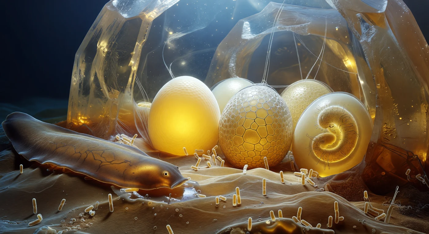 Quatro ovos dourado-translúcidos repousam numa depressão do biofilme que reveste o grão de quartzo, cada um ancorado por filamentos adesivos quase invisíveis que se estendem sobre o EPS âmbar como cabos de vidro — e através da sua córion reticulada, cada estágio do desenvolvimento se revela como uma lanterna de mel iluminada de baixo, desde a gema indiferenciada e esférica até à mórula de dezasseis células com as suas seams membranosas bem visíveis, e ao embrião encurvado cujo faringe e bandas ciliares já se adivinham como fios âmbar mais escuros. O biofilme que os sustenta não é uma superfície plana mas uma paisagem topográfica por direito próprio — dunas e planaltos de EPS com bactérias bastonetes eretas como postes de vedação —, enquanto a garganta do poro atrás do ninho abre para um vazio azul-negro que sugere a câmara seguinte deste labirinto mineral. Da margem esquerda do campo de visão, a turbellária avança como um deslizamento de terra lento, uma folha de tecido castanho-acinzentado e ligeiramente iridescente que achata a cobertura bacteriana sob si e deposita um rasto de muco brilhante nos micro-relevos do biofilme. A distância entre o seu bordo anterior tremulante e o ovo mais próximo — a gema intacta, a mais luminosa — é de apenas três diâmetros de ovo, e toda a cena irradia a tensão quieta de uma química que nunca para: predação, desenvolvimento e decomposição a decorrer em simultâneo, dentro de uma catedral mineral húmida onde a viscosidade substitui o silêncio.