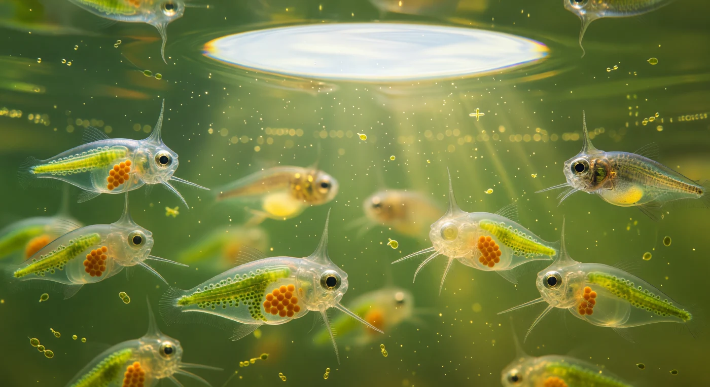 Suspensos na coluna de água de um lago eutrófico do norte da Europa, encontramo-nos ao nível de *Daphnia cucullata*, rodeados por crustáceos de corpo vítreo cujos capacetes — projeções translúcidas de cutícula que se erguem como mitras de catedral ou finiais de vidro soprado — são a resposta evolutiva direta à presença do predador que espreita no plano de fundo: uma larva de peixe de dois centímetros, banhada em prata e ouro quente, com um olho escuro e imenso orientado para o grupo, suficientemente nítido para transmitir intenção mesmo no desfoque suave da distância. O interior de cada *Daphnia* está completamente à vista através da carapaça transparente — o intestino reluz em verde-chartreuse com o conteúdo algal, os sacos de cria carregam ovos de laranja-tangerina saturada de carotenoides, e o coração pulsa num ritmo hipnótico ao longo do eixo dorsal — enquanto acima de nós a janela de Snell comprime o céu inteiro num oval de radiosidade prateada, de onde descem feixes de luz cáustica que atravessam partículas em suspensão como fagulhas quentes num interior de catedral viva. No primeiro plano, uma *Daphnia* executou o início de uma fuga: corpo arqueado em C, antenas no auge da remada, e à sua volta a água trai o deslocamento de volume como uma leve distorção ótica — uma onda de compressão propagando-se num fluido onde, a esta escala, cada movimento encontra a viscosidade como uma presença física real, e a diferença entre ser capturado e escapar mede-se em milissegundos.