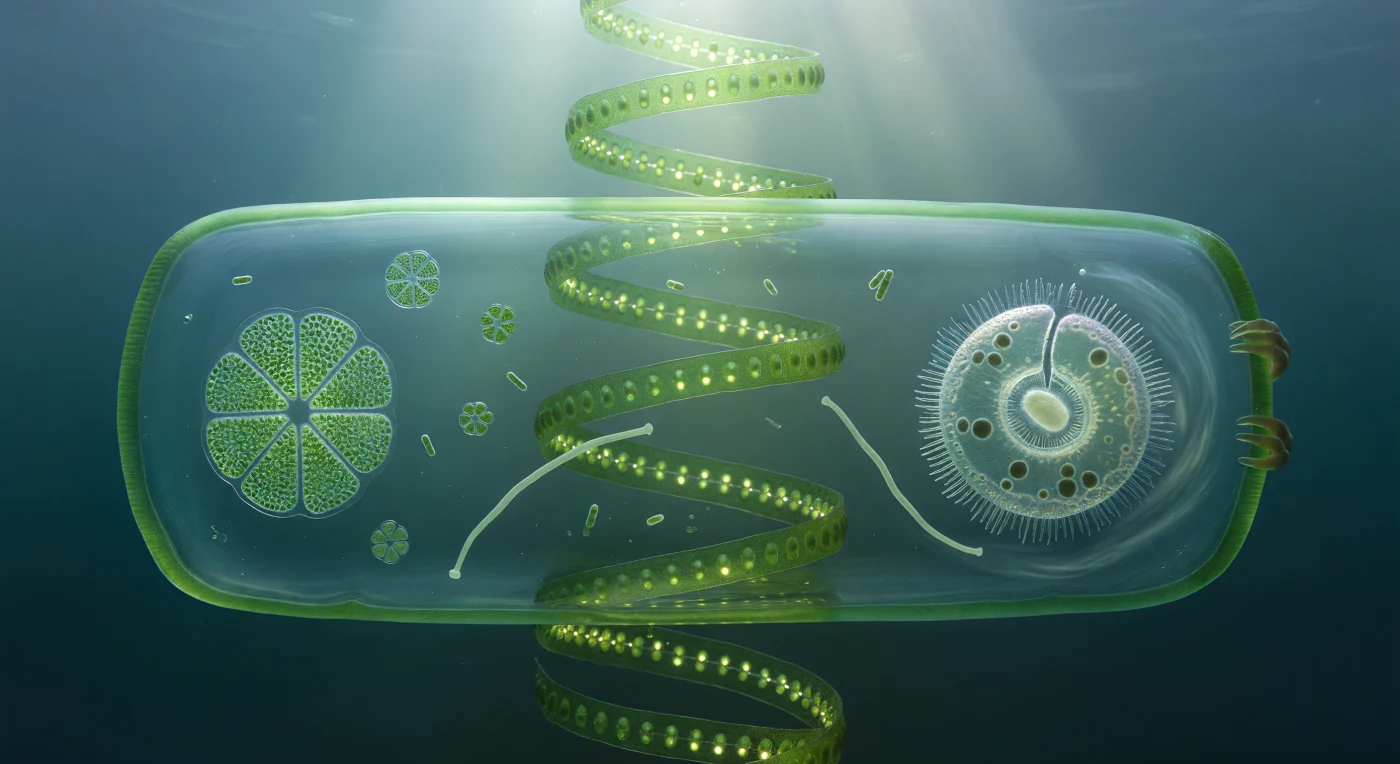 Agarrado à superfície exterior de um cilindro transparente que se curva em ambas as direções como o casco de um submarino de vidro, o tardígrado prende-se à parede celular de uma filamento de Spirogyra com garras curvas que encontram apoio nas micro-texturas da cutícula algal — essa parede, com um diâmetro talvez trinta vezes superior ao comprimento do seu próprio corpo, é uma estrutura de celulose e pectina praticamente cristalina, levemente refractiva, cuja espessura se revela como uma ténue meniscos dupla onde o material encontra a água circundante. Através dessa parede, impossivelmente próximo e impossivelmente vasto, o cloroplasto helicoidal enrola-se em espiral contínua — uma escadaria viva de verde-erva saturado cujos nódulos de pirenoide captam a luz descendente como pérolas douradas distribuídas ao longo da hélice, gerando fotossíntese activa enquanto a iluminação ambiente desce da superfície do charco em largos feixes difusos de branco-azulado. Na água aberta ao redor, um desmídio de corpo bilobado flutua livremente como um edifício simétrico de esmeralda viva, enquanto um paramécio — da dimensão de um navio cargueiro a esta escala — passa em deslize espiral lento, os seus cílios captando a luz como uma iridescência prateada ao longo dos flancos e o seu interior vagamente visível através do pélículo translúcido, com vacúolos alimentares escuros e o macronúcleo como uma massa pálida central. O filamento de Spirogyra continua acima e abaixo até se perder numa névoa aquosa de ciano suave, a sua espiral cloroplasmática iluminada em sucessão por cada novo feixe de luz que desce de uma superfície que não se consegue alcançar com o olhar.