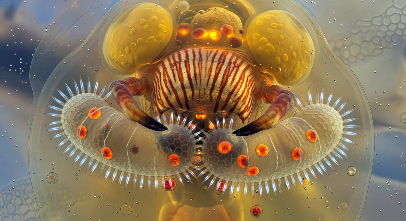 Estamos suspensos no interior da cavidade anterior de um *Asplanchna* vivo, próximos o suficiente para sentir a pressão hidráulica do fluido viscoso expandindo-se lentamente em todas as direções. O mastax domina completamente o campo visual como uma catedral de âmbar geológico — uma massa muscular enorme cujas estrias longitudinais alternam entre siena queimado e ouro pálido, cada feixe de fibras capturando a luz transmitida de forma diferente, fazendo a estrutura inteira cintilar com bandas internas como estratos de rocha sedimentar subitamente vivos e contráteis. As duas garras forcípadas do rami arqueiam-se para fora nas bordas do enquadramento, suas pontas quitinosas e escuras cravadas nos flancos de uma *Brachionus* cuja lorica rígida cede visivelmente — a ornamentação hexagonal da superfície ainda nítida em alguns pontos, deformada noutros em côncavos profundos onde as garras pressionam — enquanto os conteúdos liberados da presa, células de *Chlorella* densas como brasas vivas, derivam em laranja-vermelho incandescente pela corrente viscosa em direção às mandíbulas. Mais perturbadora ainda é a coroa da *Brachionus* capturada, que ainda bate: as cílias aparecem como uma franja de faíscas prismáticas branco-azuladas ao longo da margem anterior comprimida, cada cílio captando a luz incidente como um breve clarão iridescente antes de desaparecer e reaparecer na sequência metacronal — um halo estroboscópico e frenético, profundamente incongruente com a escuridão mecânica que o esmaga. Todo o volume interno do predador é translúcido, camadas graduadas de citoplasma passando de mel pálido na periferia para âmbar mais denso nas profundezas, a parede corporal distante uma membrana fantasmagórica através da qual o mundo aquático exterior é visível como uma luminosidade azul-acinzentada e desfocada.