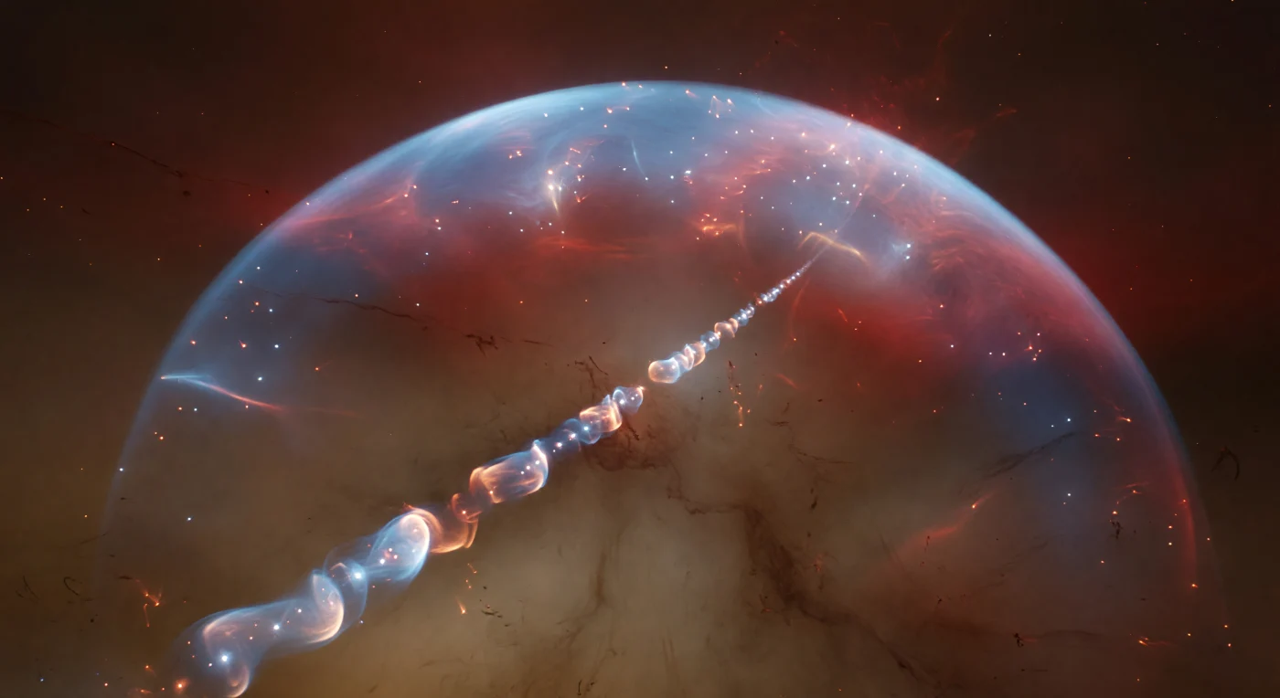 O que se abre à sua frente é um arco imenso de gás comprimido — o choque em proa de um jato protostelar — que se curva de horizonte a horizonte como uma vaga cósmica congelada no instante em que ia quebrar. A borda dianteira queima em azul-branco feroz, a emissão proibida do oxigénio ionizado a dezenas de milhares de graus, e a cor migra ao longo do arco com a lentidão de um gradiente pintado sobre um continente: aquamarina, depois carmesim de hidrogénio-alfa pulsante, e finalmente um escarlate-bordô profundo onde os iões de enxofre irradiam na sua cascata de recombinação mais lenta e mais fria. Atrás do choque, um jato colimado estende-se em perspetiva rigorosa, uma corda de plasma enrolada em nós luminosos cujos núcleos azul-brancos se envolvem em halos de âmbar e ferrugem, cada nó uma superfície de trabalho em miniatura que rompe a névoa molecular castanha-ocre até se perder num ponto de fuga engolido pela escuridão — uma neblina que não é homogénea, mas estratificada e retroiluminada pela luminosidade do jato numa bruma translúcida e acastanhada. Não existe qualquer referência de escala humana, nenhum som, nenhum vento — apenas a curvatura luminosa do choque em proa a arder em silêncio absoluto através de um volume medido em meses-luz.