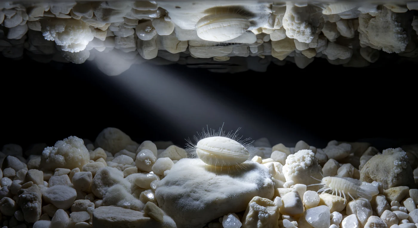Num filão de luz branca e crua que rasga a escuridão absoluta de uma gruta calcária, um ostrácodo *Pseudocandona* estígobio repousa sobre cascalho anguloso de calcário, completamente imóvel no centro exato do feixe como se soubesse que ali existe o único universo que resta. A criatura, de carapaça bivalve em marfim depigmentado, mede pouco mais de um milímetro, e da abertura subtil entre as valvas emergem hastes sensoriais — estétascos — finas como fios de seda, cada uma projetando uma sombra de espessura impossível sobre o substrato pálido, substituindo com tato a visão que a evolução, ao longo de milhões de anos de noite geológica permanente, simplesmente abandonou. O chão em redor é um tapete de mat bacteriano branco como veludo, pontuado por fragmentos de calcite cristalina que lançam centelhas prismáticas onde o feixe os roca de lado, e nas margens do cone luminoso surgem concreções botrioidais que brilham em alabastro puro antes de a escuridão os engolir de forma instantânea e total. Acima, a superfície do curso de água subterrâneo reflecte o feixe no tecto de calcário numa mancha trémula de luz prateada — o único movimento numa quietude que se mede em eras — e na periferia do enquadramento um anfípode igualmente depigmentado e cego pressiona o seu corpo segmentado contra um seixo, fantasma creme num mundo que abdicou da cor para se tornar pura arquitectura sensorial.