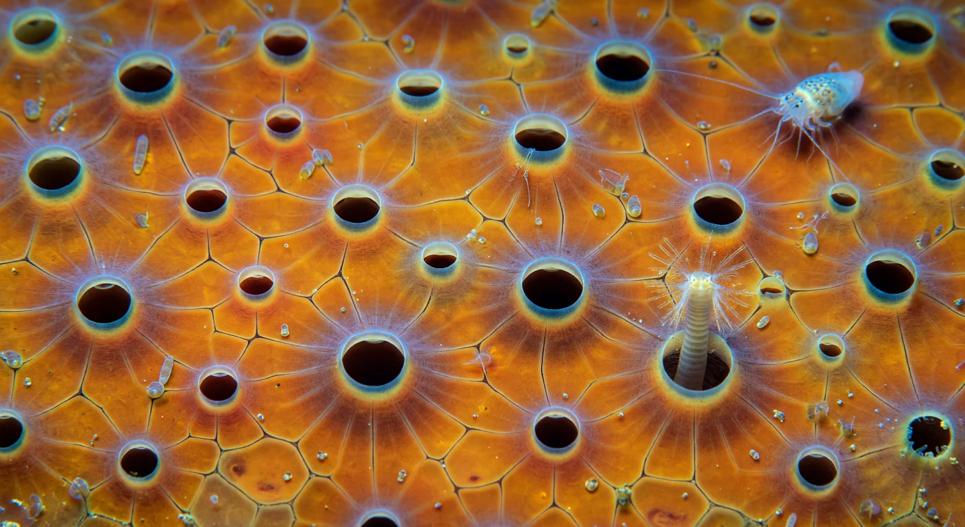 O que se vê é uma planície alaranjada e brilhante que se estende em todas as direções como um lamaçal alienígena fotografado por um drone rasante, a superfície externa de uma esponja demosponge tropical revelando-se como um mosaico de células poligonais achatadas, cujas bordas elevadas capturam a luz filtrada do recife e projetam sombras finas nos sulcos entre elas, o pigmento carotenóide tão concentrado que parece irradiar calor de dentro para fora como terracota aquecida. Distribuídos por essa paisagem em intervalos irregulares, os óstios perfuram a superfície como caldeiras vulcânicas — alguns completamente dilatados, revelando a escuridão absoluta dos canais internos que conduzem a água pelo sistema de filtragem da esponja, outros contraídos em fendas quase fechadas pelo músculo circular do porocito, com linhas de tensão radiais no revestimento de mucopolissacarídeos denunciando a sucção contínua do corrente inalante. Sobre toda essa extensão, uma comunidade microbiana tridimensional de bactérias bastonetes, cocos e cianobactérias filamentosas habita a fina camada de muco que reveste as células, formando uma penugem viva de apenas alguns micrómetros de espessura que confere à superfície uma textura levemente fosca. No primeiro plano, um pequeno poliqueta emerge de um dos óstios mais largos, seus palpos ciliados varrendo a camada limite em movimentos lentos e deliberados, enquanto no canto superior direito um copépode aterra brevemente — seu exoesqueleto transparente refratando a luz azul do recife como uma lente de vidro — antes de ser defletido pelo gradiente de pressão invisível gerado por um ósculo próximo, a negociação constante entre filtração, predação e vida microbiana inscrita em cada milímetro quadrado desta pele viva.