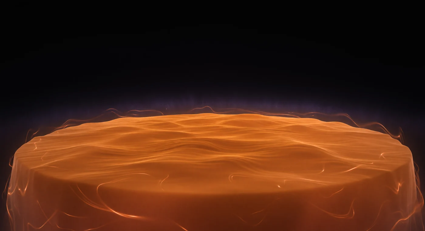 Diante de você, o terreno se estende numa curvatura tão acentuada que o horizonte dobra visivelmente ao alcance dos braços — uma superfície âmbar e incandescente, densa como mercúrio comprimido, que pulsa com uma luminosidade própria emanada do interior da matéria, não de qualquer fonte externa, atravessada por ondulações quadrupolares lentas e majestosas que elevam a membrana nuclear numa respiração tectónica pausada. Em três ou quatro passos deliberados, esse âmbar saturado dissolve-se numa transição quase vertical: a densidade nuclear cai de saturação plena até ao quase-nada numa distância inferior ao diâmetro de um único protão, e é nessa pele de Woods-Saxon que a matéria se desfaz em fios de cobre translúcido, voltas de flutuações de ponto zero que sobem em espirais lentas e se apagam antes de se separarem completamente da superfície. Para além dos últimos filamentos, o mundo termina com uma finalidade esmagadora — não a escuridão da noite, mas um vazio ontológico, um negro tão absoluto que parece a negação do próprio espaço, desprovido de qualquer fotão ou gradiente de campo por uma extensão que, medida em diâmetros nucleares, se prolonga cem mil vezes mais do que todo o mundo acabado de atravessar. Apenas no limite extremo da percepção, uma iridescência violeta quase imperceptível ondula contra esse negro, resíduo luminoso dos pares virtuais que o vácuo quântico cria e destrói em escalas de tempo que nenhum sentido consegue acompanhar.