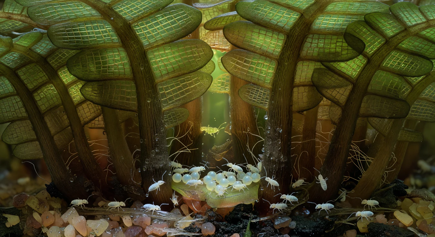 Você está de cócoras na junção entre o solo e um caule de *Polytrichum*, o seu corpo mal excedendo o comprimento de uma única célula retangular nos filídios que se abrem acima como janelas de vitral numa catedral submersa — cada câmara vegetal delimitada por bordas amarelo-esverdeadas luminosas, visível individualmente através da parede celular com apenas uma célula de espessura. Os caules erguem-se como pilares de celulose brunada, a sua superfície marcada por cristas secas e um leve brilho ceroso, enquanto planos de sombra sobrepostos de filídio sobre filídio afundam o espaço numa penumbra verde-oliva interrompida por um único feixe de luz âmbar-esverdeada que penetra pela abertura deixada por uma folha ausente. Nesse ângulo abrigado onde dois caules se tocam, dezenas de colêmbolos *Folsomia* de cor creme-pálido congregam-se em multidão tranquila, as suas antenas a fremer sobre a superfície granular e hidrófoba da cutícula, os seus pés rodeados por gotículas de água convexas que a nano-arquitetura da casca repele sem se deixar molhar. No recesso mais fundo da fenda, apoiado sobre um leito de material de filídio em decomposição, repousa um conjunto de ovos — esferas opalescentes de cerca de oitenta micrómetros, iridescentes como pedras da lua em miniatura, mantidas unidas por uma secreção adesiva contra a tração capilar do fino filme de água que envolve o ninho. O solo por baixo é uma geologia comprimida de grãos minerais cor de quartzo rosado, agregados de húmus negro e fibras vegetais rasgadas, tudo coberto por uma fina ménisque de água que faz de cada superfície um espelho imperfeito e trémulo.