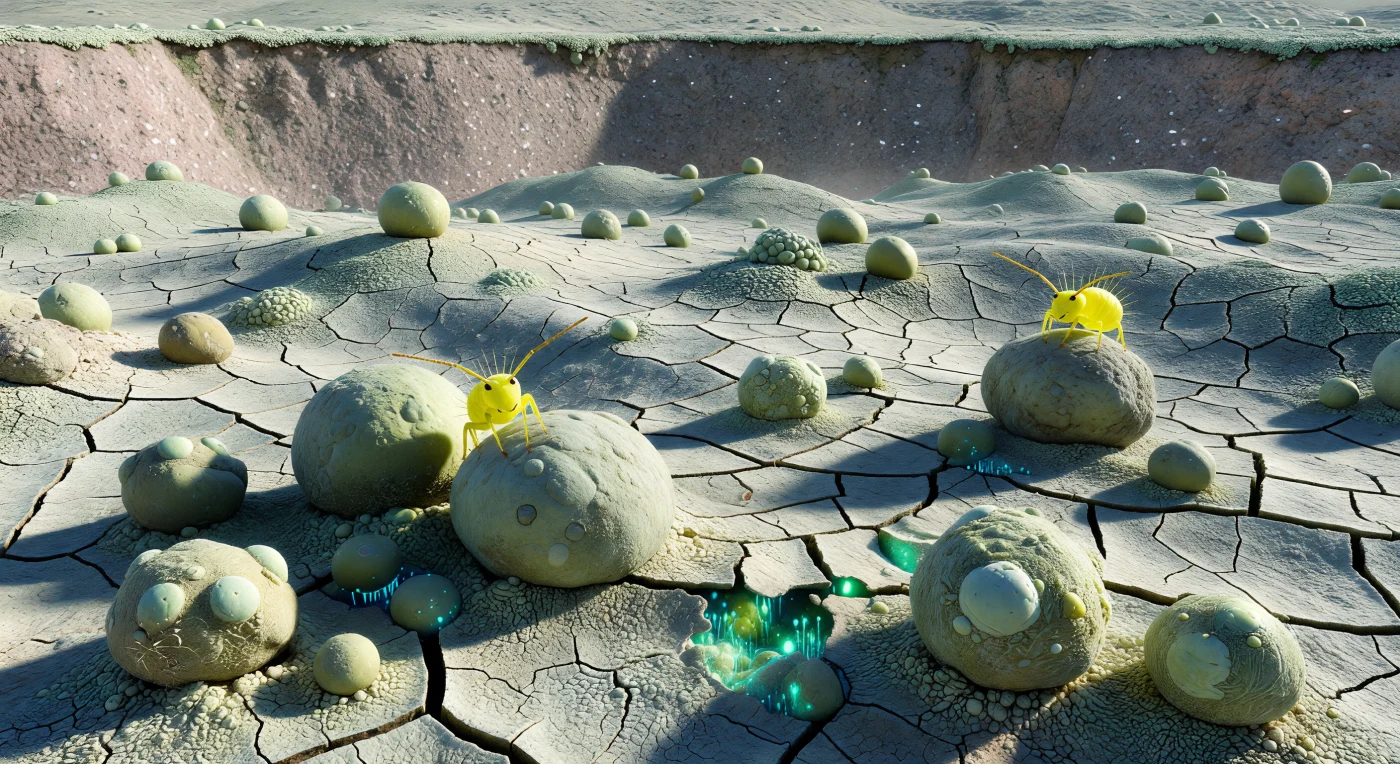 O olhar percorre um planalto de líquen crostoso como se o horizonte pertencesse a um deserto de pedra remoto e mineral — a superfície cortical fraturada em polígonos irregulares de cinzento-palha e verde-celadon, cada fissura revelando camadas internas de hifas fúngicas em creme e marfim, enquanto aglomerados de células algais irrompem das rachaduras com uma luminescência fria em azul-esverdeado, como fibras óticas incrustadas no chão de pedra. Os sorédia elevam-se em todas as direções como matacões cobertos de cera — grânulos compactos de algas fotobiontes envolvidas em filamentos hifais, a sua superfície calcária e mate captando a luz solar rasante como um halo especular suave que lhes confere uma auto-luminância fantasmagórica contra o cortex escurecido em redor. Dois colêmbolos Sminthurus ocupam o plano intermédio, os seus corpos globulares fundidos em amarelo-limão intenso quase fosforescente, espremidos entre os matacões de sorédia com colóforo encostado ao substrato e cerdas sensoriais douradas projectadas contra o céu como antenas delicadas — animais de menos de dois milímetros cujo salto, quando deflagrado pela fúrcula abdominal em menos de dois milissegundos, representa uma das acelerações biológicas mais rápidas que existem. No limite do planalto, o líquen termina abruptamente numa falésia vertical que expõe o granito rosado subjacente, os seus cristais de feldspato faiscando ao sol como minúsculos espelhos — o mesmo granito que este líquen coloniza milímetro a milímetro ao longo de décadas, dissolvendo rocha com ácidos orgânicos e abrindo caminho à primeira vida num mundo ainda sem solo.