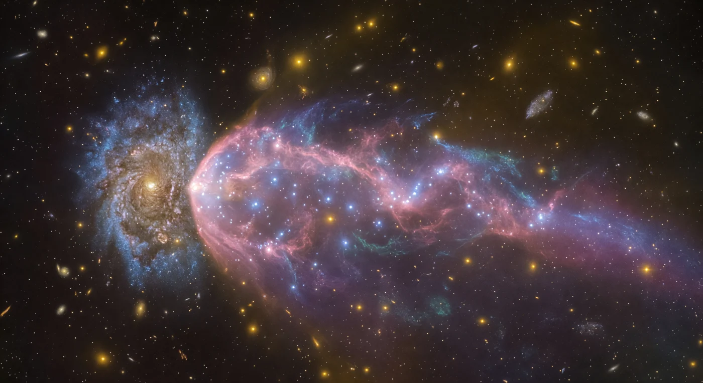 Ahead of you, a spiral galaxy in full face-on glory occupies the left expanse of the visual field, its golden core smoldering with the accumulated light of billions of aged stars while cobalt and teal arms still ignite with furious star formation — dust lanes pressed in dark ribbons between luminous arcs, H II regions scattered like embers, every structural detail resolved with brutal clarity. But this galaxy is not at rest: plunging into the cluster at over a thousand kilometers per second, it meets the intracluster medium — a fully ionized plasma heated to tens of millions of degrees — which tears at its interstellar gas and sculpts it into a comet tail half a megaparsec long, a cascading streamer of electric pink hydrogen-alpha emission threaded with blue-green doubly ionized oxygen filaments, narrowing from a blunt shock front at the galaxy's disk edge into a tapering luminous plume that dissolves into deep violet as stripped plasma cools and disperses. Within that tail, ram pressure itself becomes a creative force: dozens of blue-white stellar knots, compact star-forming clumps compressed into existence by the shock, burn like bonfires strung along a river of glowing fog, each one haloed in pale sapphire where its ultraviolet radiation reionizes the surrounding stripped gas. The background offers no relief — hundreds of amber and old-ivory elliptical galaxies crowd every direction, their warm thermal glow diffusing through the intracluster plasma like light through an impossibly vast amber glass, the contrast between their ancient quiescence and the spiral's violent blue youth written across the sky in half a million light-years of irreconcilable collision.